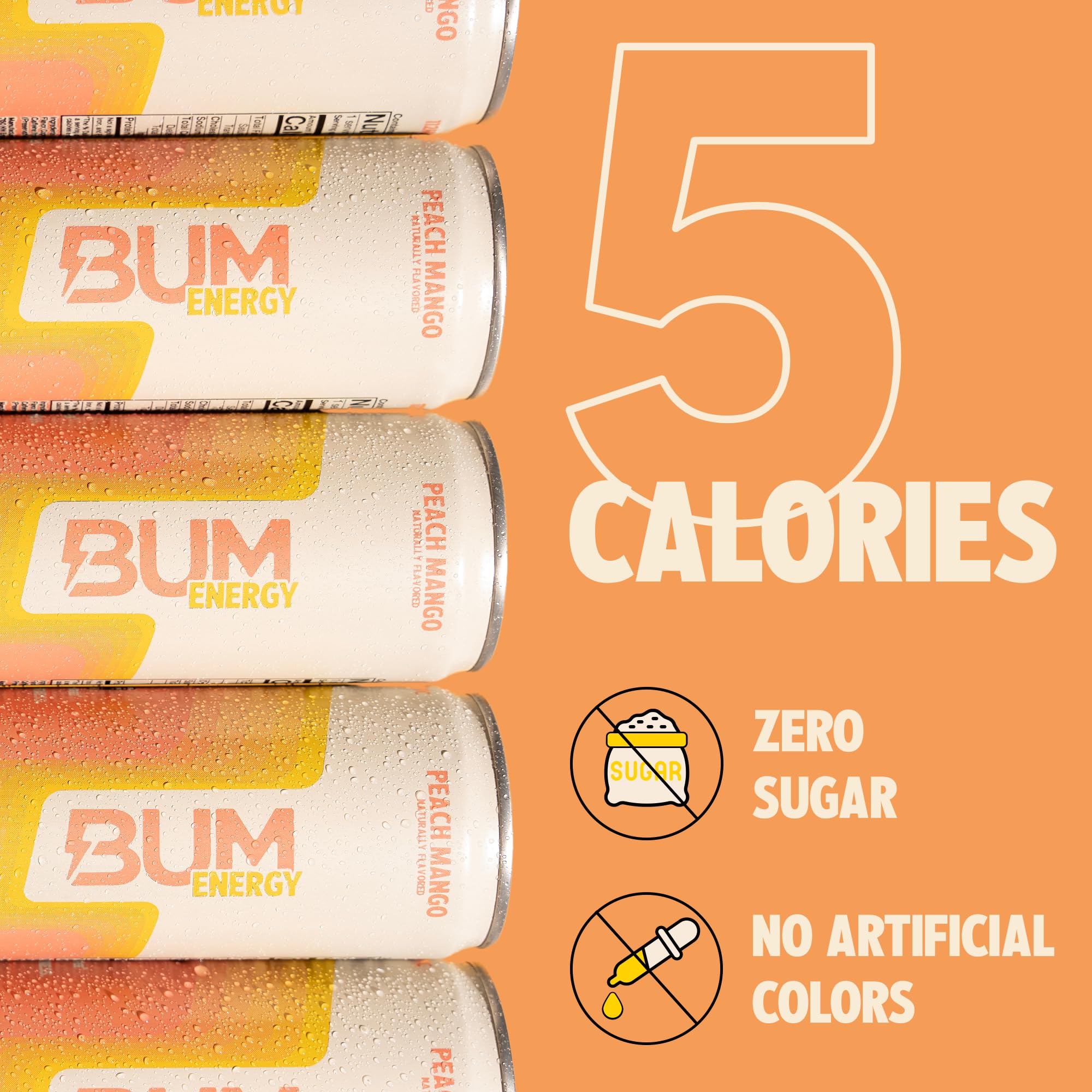 BUM Sugar-Free Energy Drink, Peach Mango - Lightly Carbonated & No Artificial Colors, Natural Caffeine & Citicoline for Energy & Focus, Brain Boost