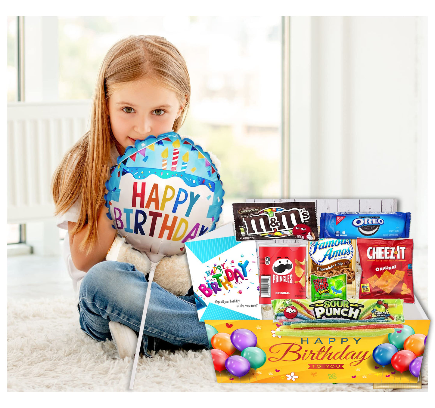 Birthday Gift Basket Candy variety pack with a Happy Birthday Balloon Care Package w/snacks and greeting card, for boy, girl, teenage, adults, best