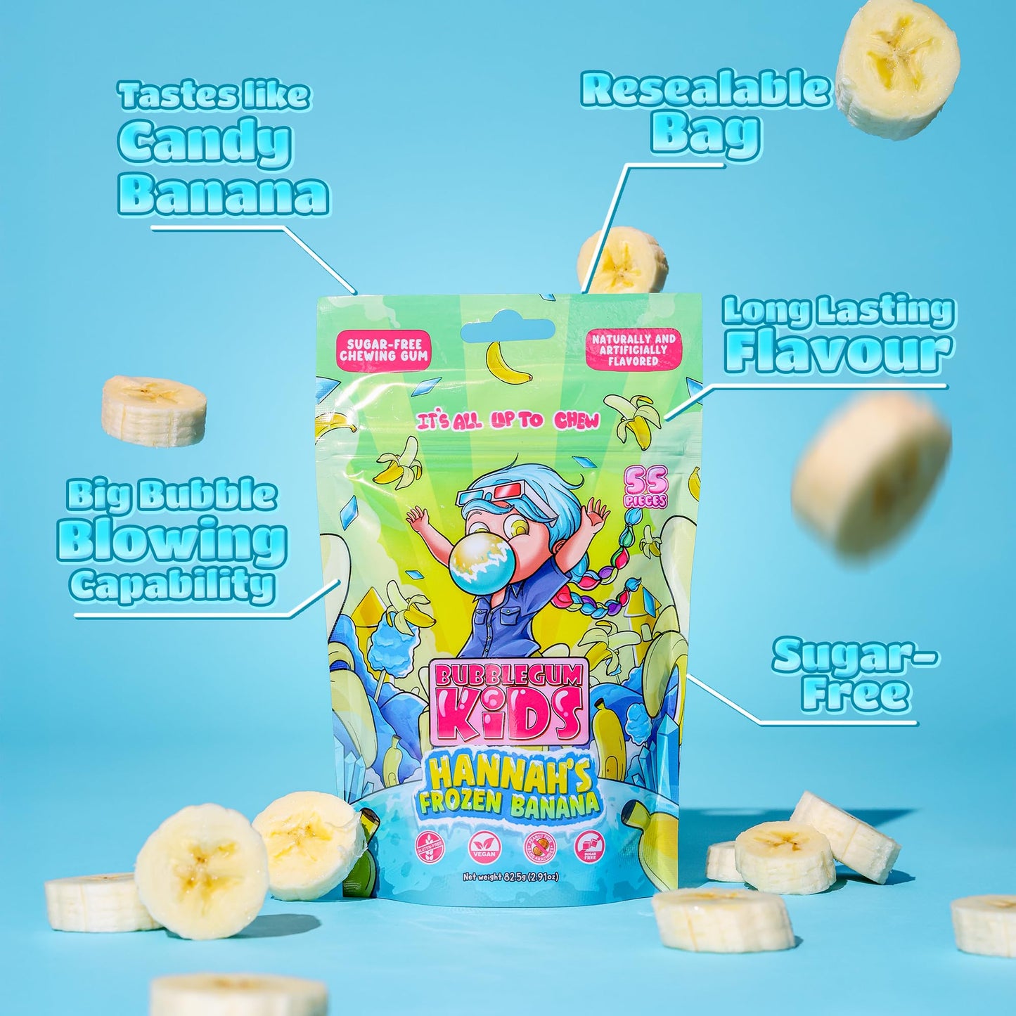Bubblegum Kids Hannah's Frozen Banana Sugar Free Gum | Sugarless Gum with Xylitol | Vegan, Peanut Free, Low Calorie Candy Alternative for Kids