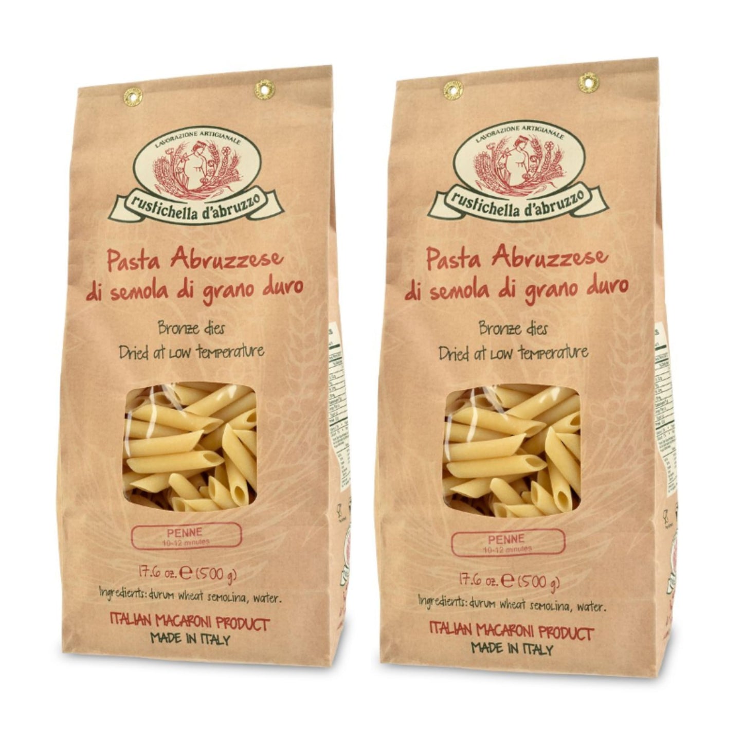 Rustichella d'Abruzzo Penne Pasta (Pack of 2), 500g Each - Classic Durum Wheat Short Quill-Shaped Pasta - Perfect for Sauces and Baked Dishes - Cooks