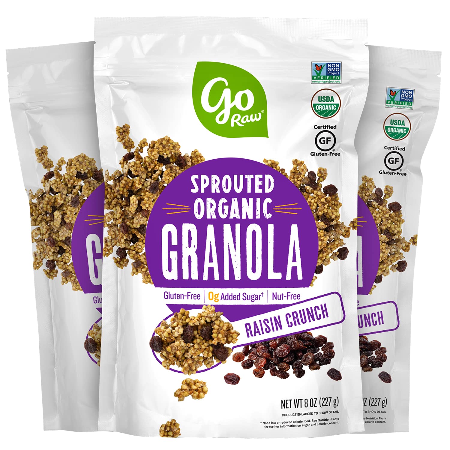 Go Raw Sprouted Organic Granola, Raisin Crunch, Vegan, Gluten Free, Nut Free, Healthy Breakfast Cereal with Superseeds, Non-GMO, 0g Added Sugar, 3g
