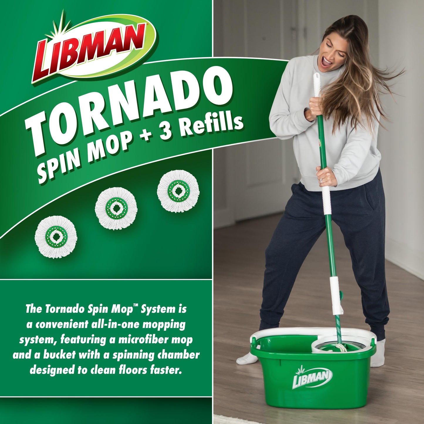 Libman Tornado Spin Mop System with Refill Heads, Microfiber Spinning Mop and Bucket with Wringer Set for Home, Floor Cleaning of Hard-Wood, Laminate