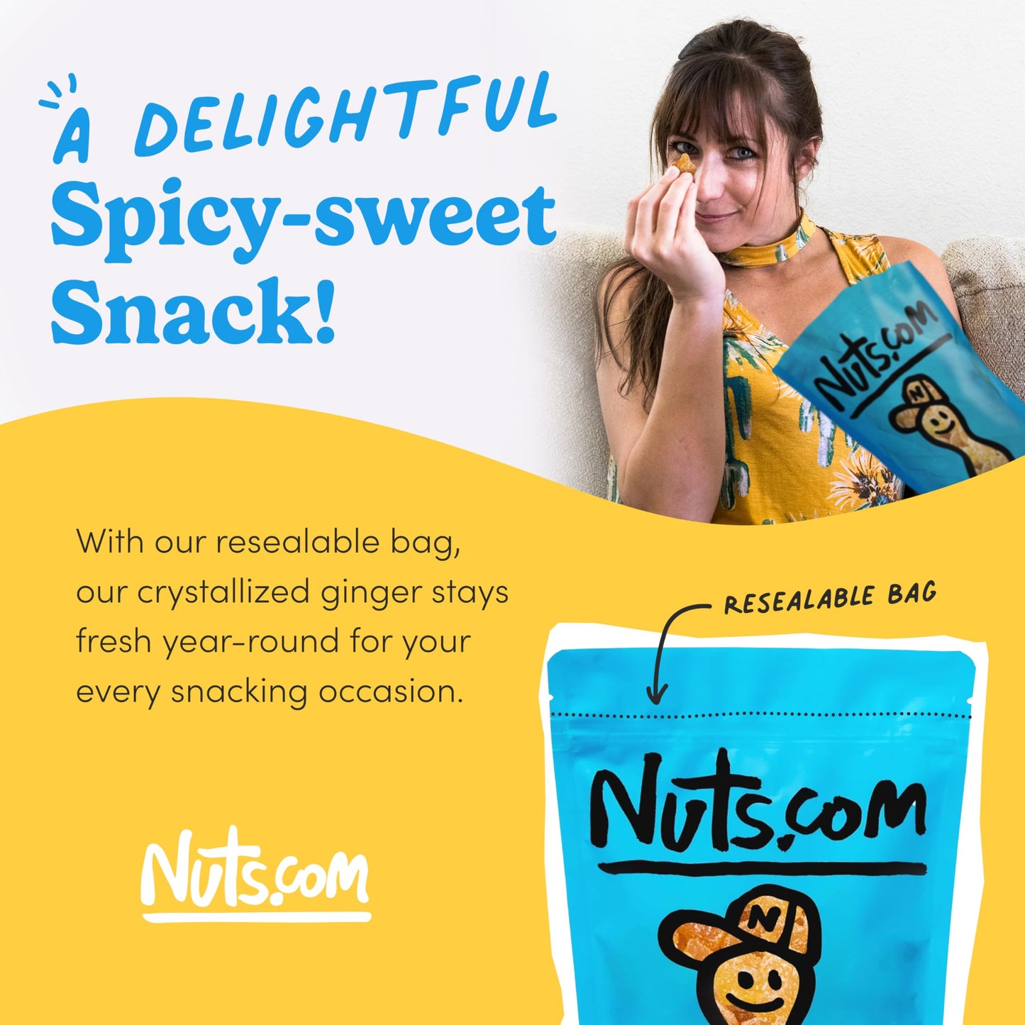 Nuts com Organic Crystallized Ginger - Premium Crystallized Ginger Pieces - Spicy & Sweet Candied Ginger Crystals - Dried Ginger Chunks, Root