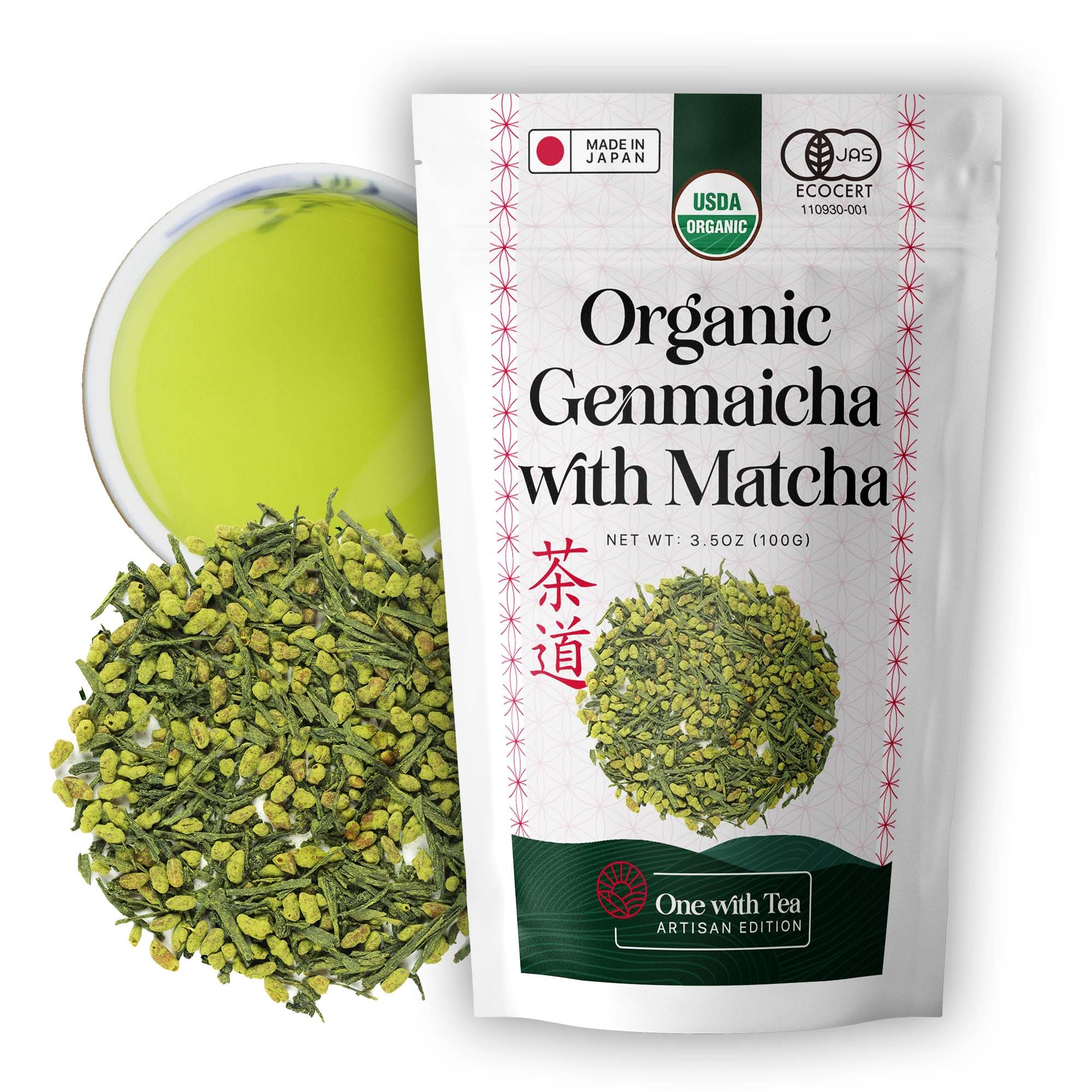 One With Tea Organic Japanese Genmaicha with Matcha Green Tea Loose Leaf - Premium Whole Leaf Sencha with Roasted Brown Rice & Matcha, USDA Organic