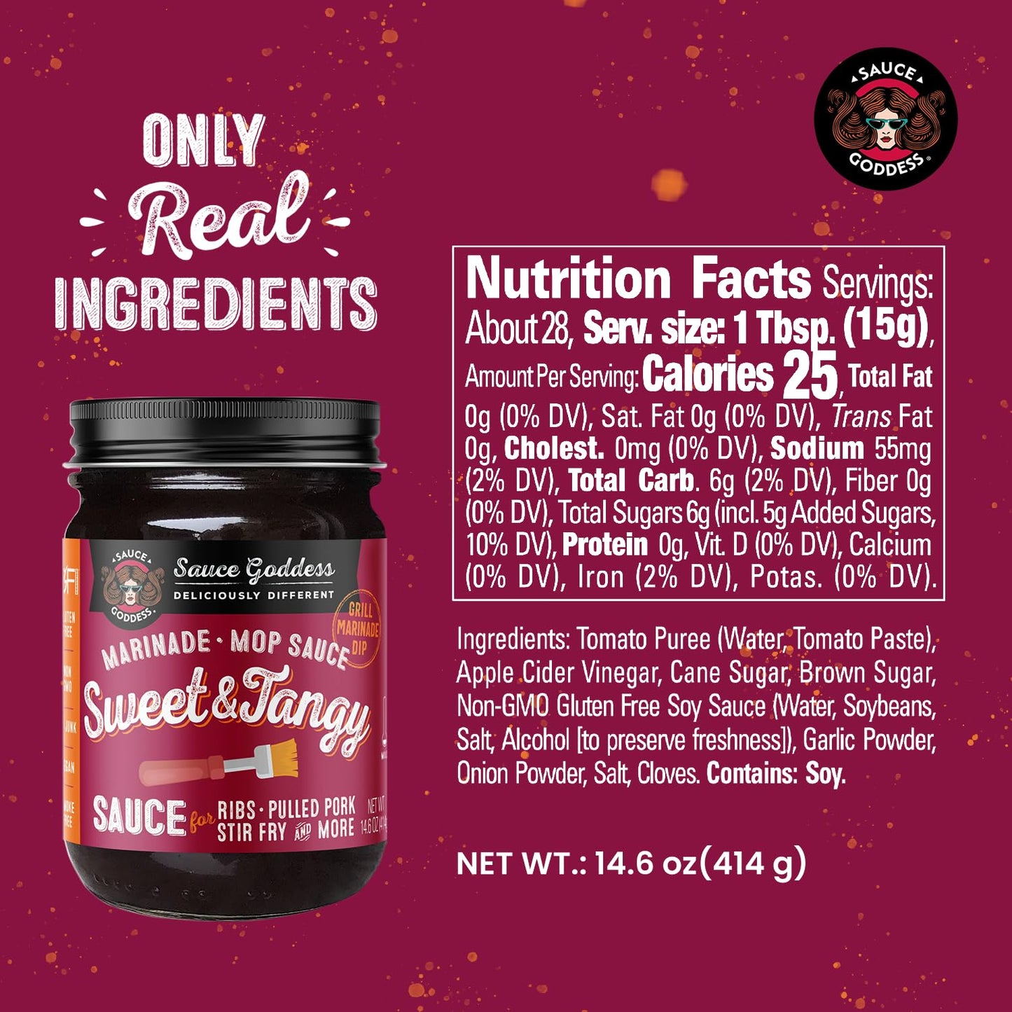 Sauce Goddess - Sweet & Tangy Marinade and Mop Sauce - BBQ Sauce for Pulled Pork & More, No MSG, Tangy Apple Cider Vinegar & Brown Sugar - 14.6oz