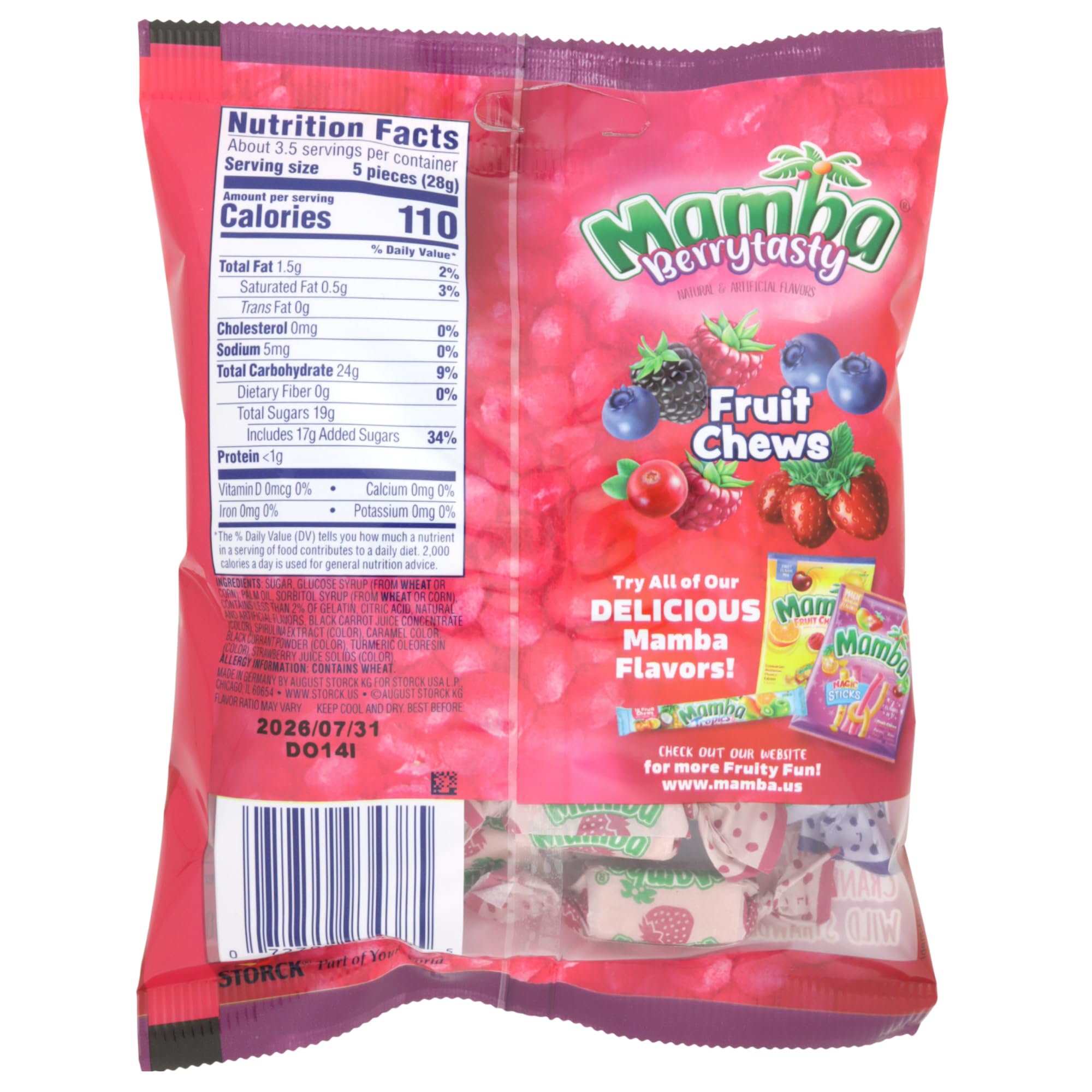 Mamba Berry Tasty Fruit Chews, Individually Wrapped Candies, Bowl Filler Treats, 7.05 Ounces (Pack of 2)
