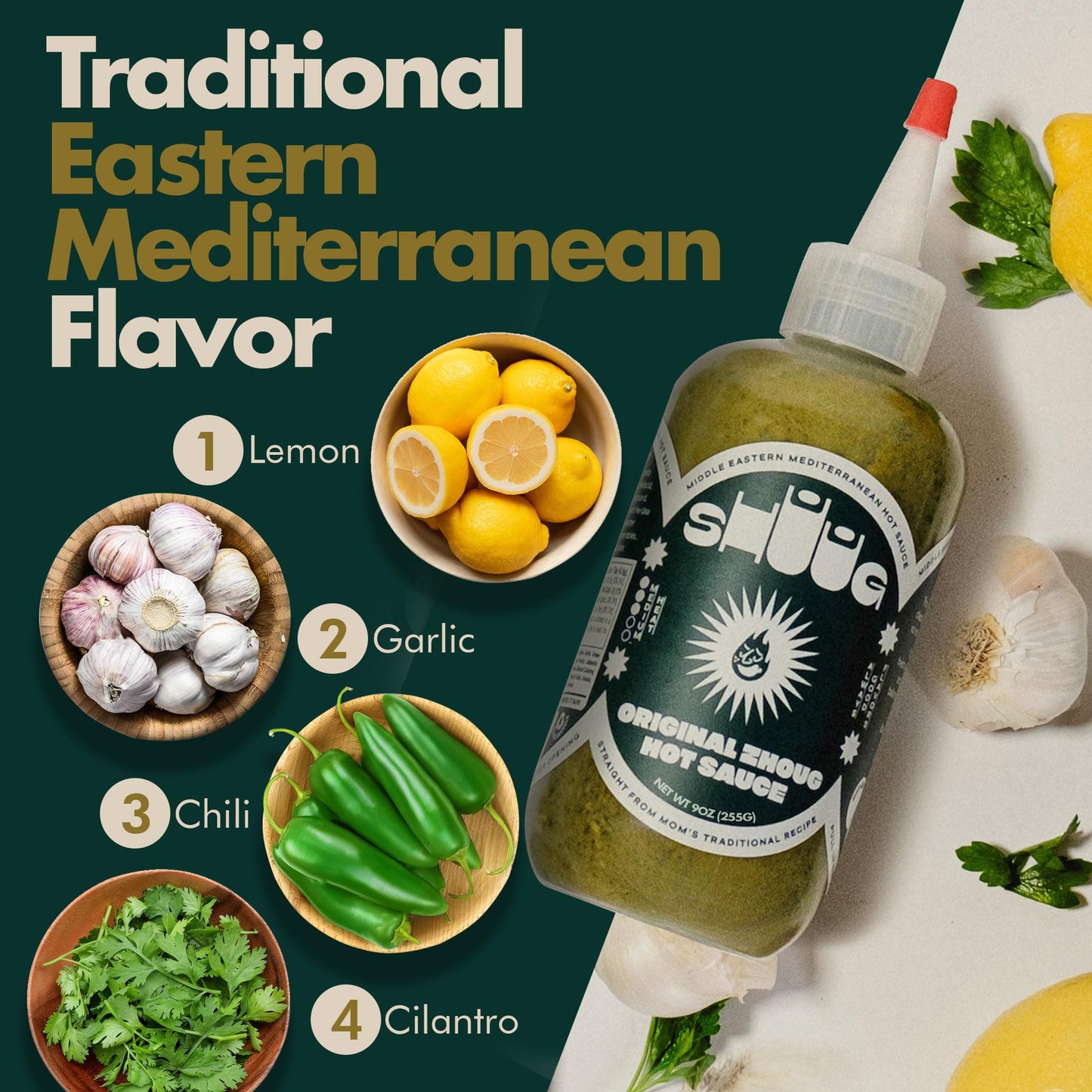 Shuug Mediterranean Zhoug Green Hot Sauce 9oz | Cilantro Sauce with Garlic, Jalapenos, Poblano, Scotch Bonnet Peppers, Olive Oil, Lemon, Chipotle |