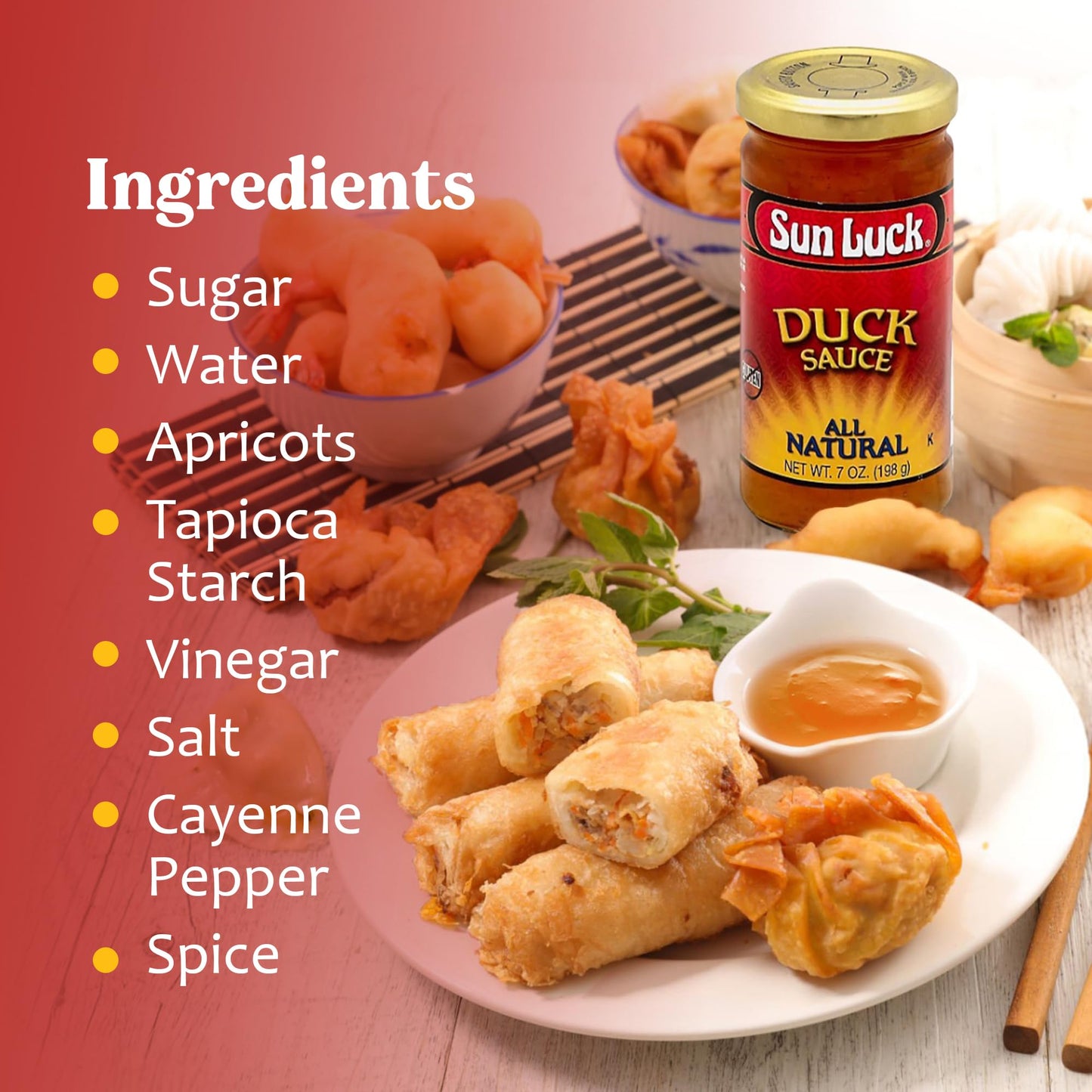 Sun Luck All-Natural Duck Sauce 7 oz Bottle - Sweet & Tangy Chinese-Style Dipping Sauce for Egg Rolls, Wontons & Appetizers; Great Glaze for Chicken