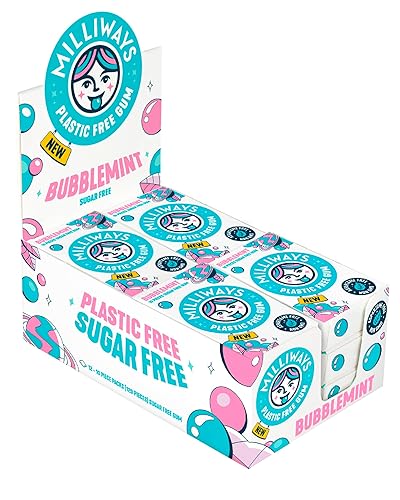 Milliways Bubblemint | Plastic Free Gum | Xylitol, Aspartame-Free, Sugar-Free, Plant-Based, Natural Chewing Gum | 120 Pieces Total (12 Packs of 10