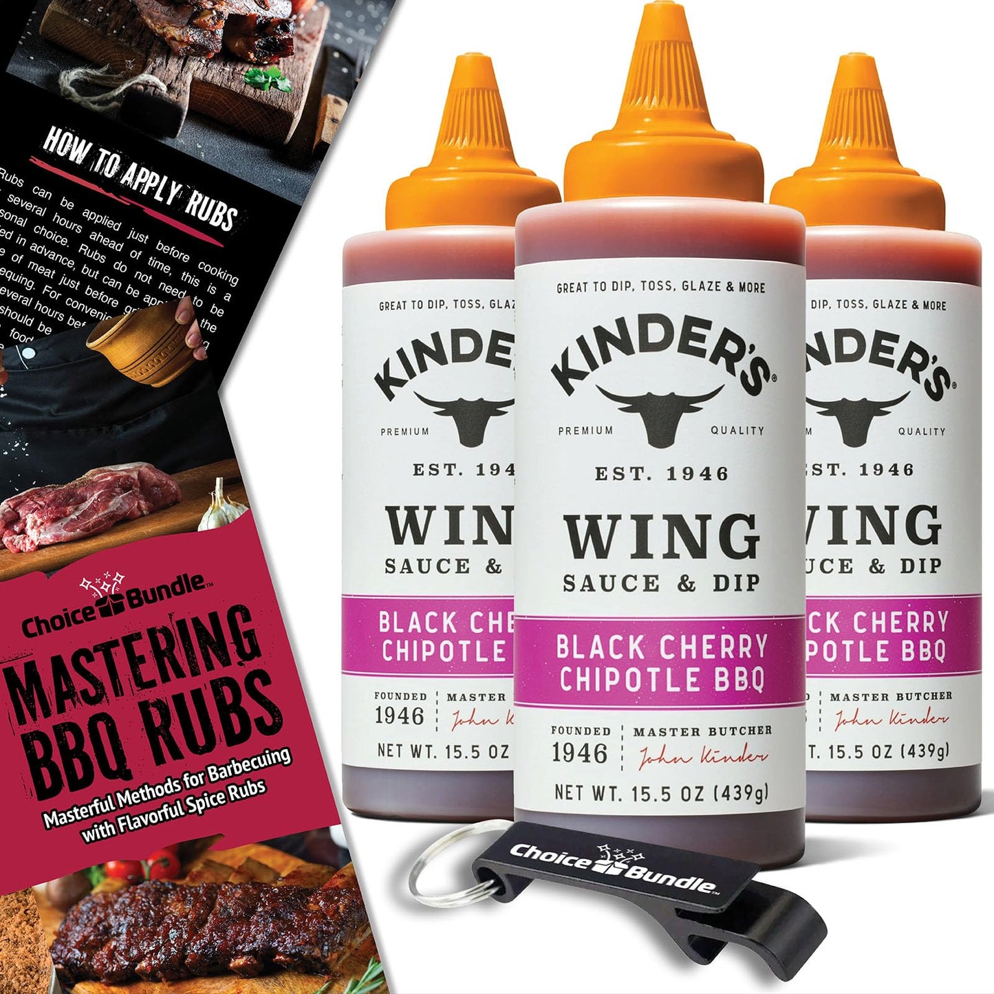Kinder’s Black Cherry Chipotle BBQ Wing Sauce & Dip 3 Pk (46.5 oz) Great to Dip Toss Glaze & More + Barbecue Masters & Bottle Opener (5 Items)!