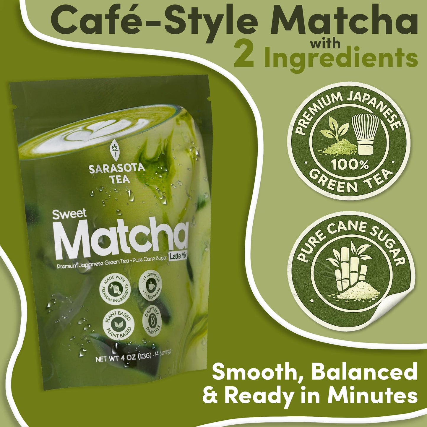 Sweetened Matcha Latte Mix, 4 oz, Matcha Green Tea Powder with Cane Sugar, Hot or Iced Matcha Latte Drink Mix, Resealable Bag
