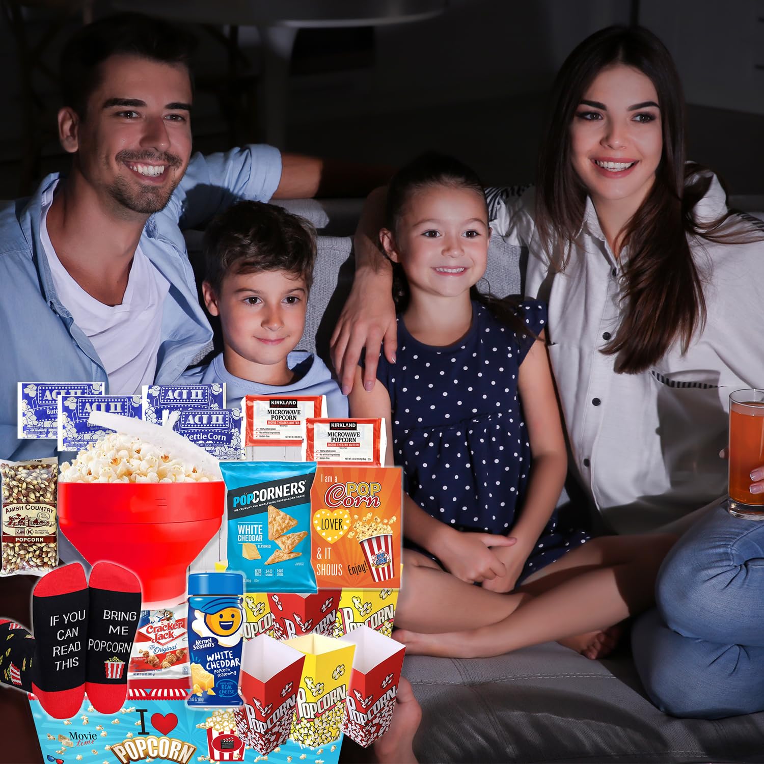 POPCORN LOVER Movie night Gift Basket care package - for family or Birthday gift snack variety or Popcorn seasoning, w/Hot Air Popcorn maker & Funny