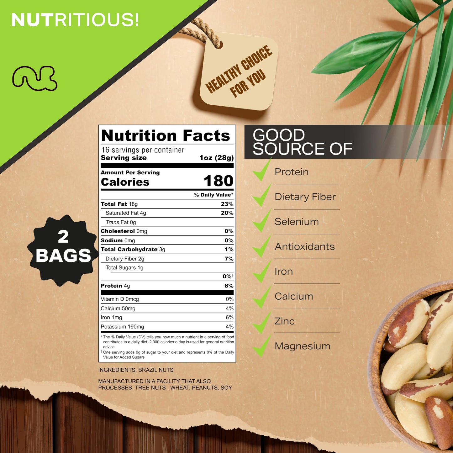 NUT CRAVINGS - Raw Brazil Nuts, Unsalted, No Shell, Whole, (16oz - 2 Pack) Packed Fresh in Resealable Bag - Kosher Healthy Snack, Food Assortments