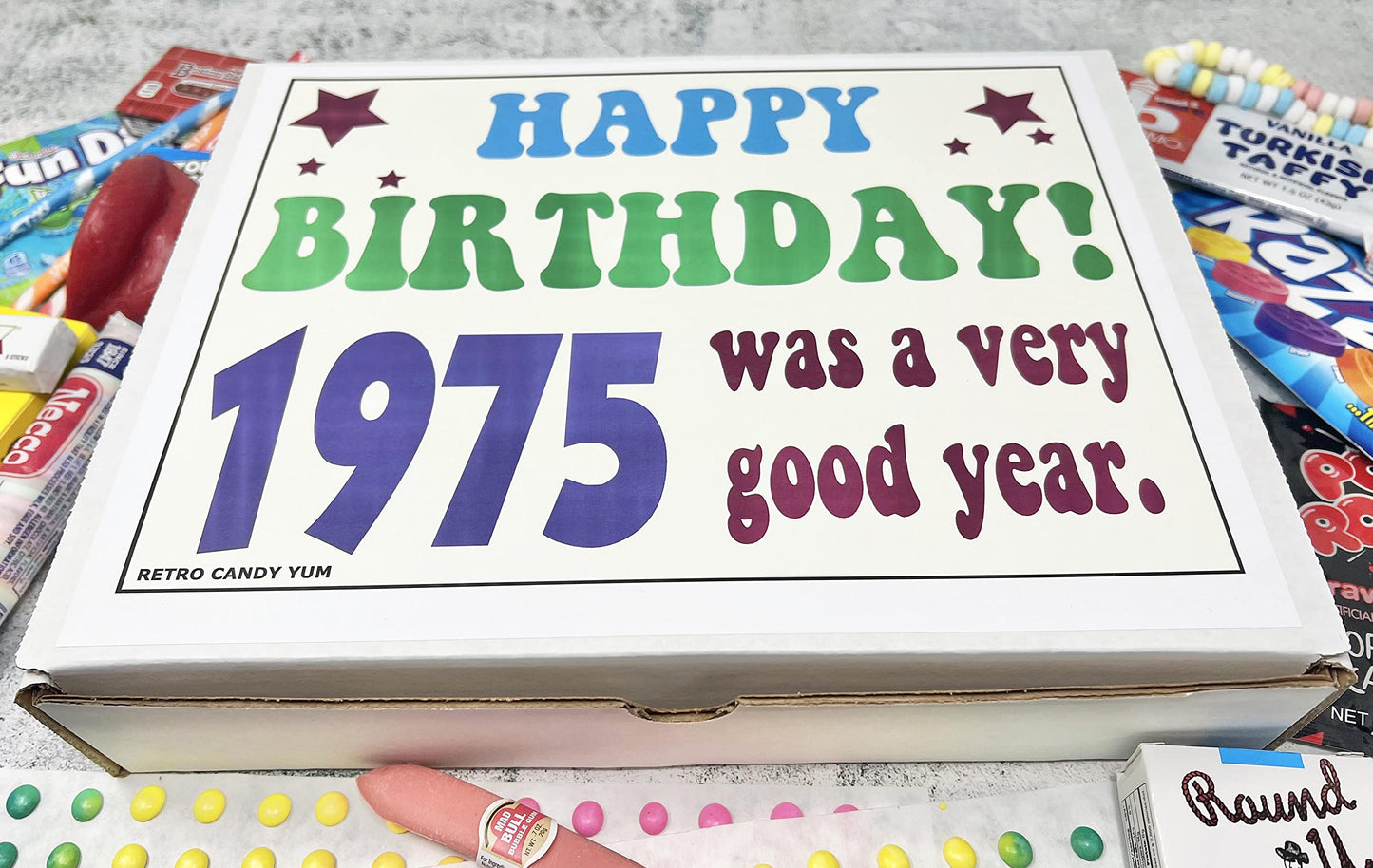 RETRO CANDY YUM ~ 1975 51st Birthday Gift Box Assortment of Nostalgic Candy from Childhood for Man or Woman