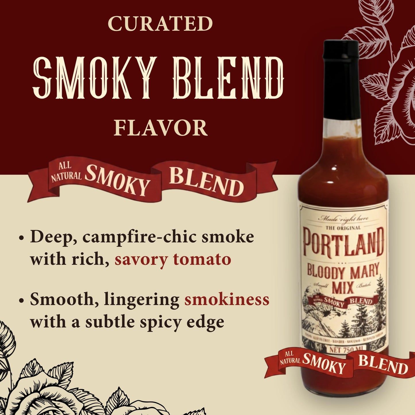 Portland Bloody Mary Mix - Smoky Blend Cocktail Mixer (750ml Bottle) | Vegetarian Worcestershire, Gluten-Free | No Artificial Ingredients | Small