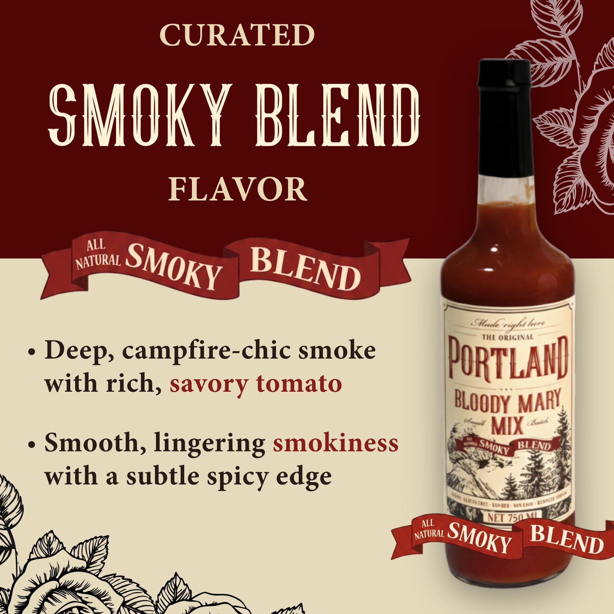 Portland Bloody Mary Mix - Smoky Blend Cocktail Mixer (750ml Bottle) | Vegetarian Worcestershire, Gluten-Free | No Artificial Ingredients | Small