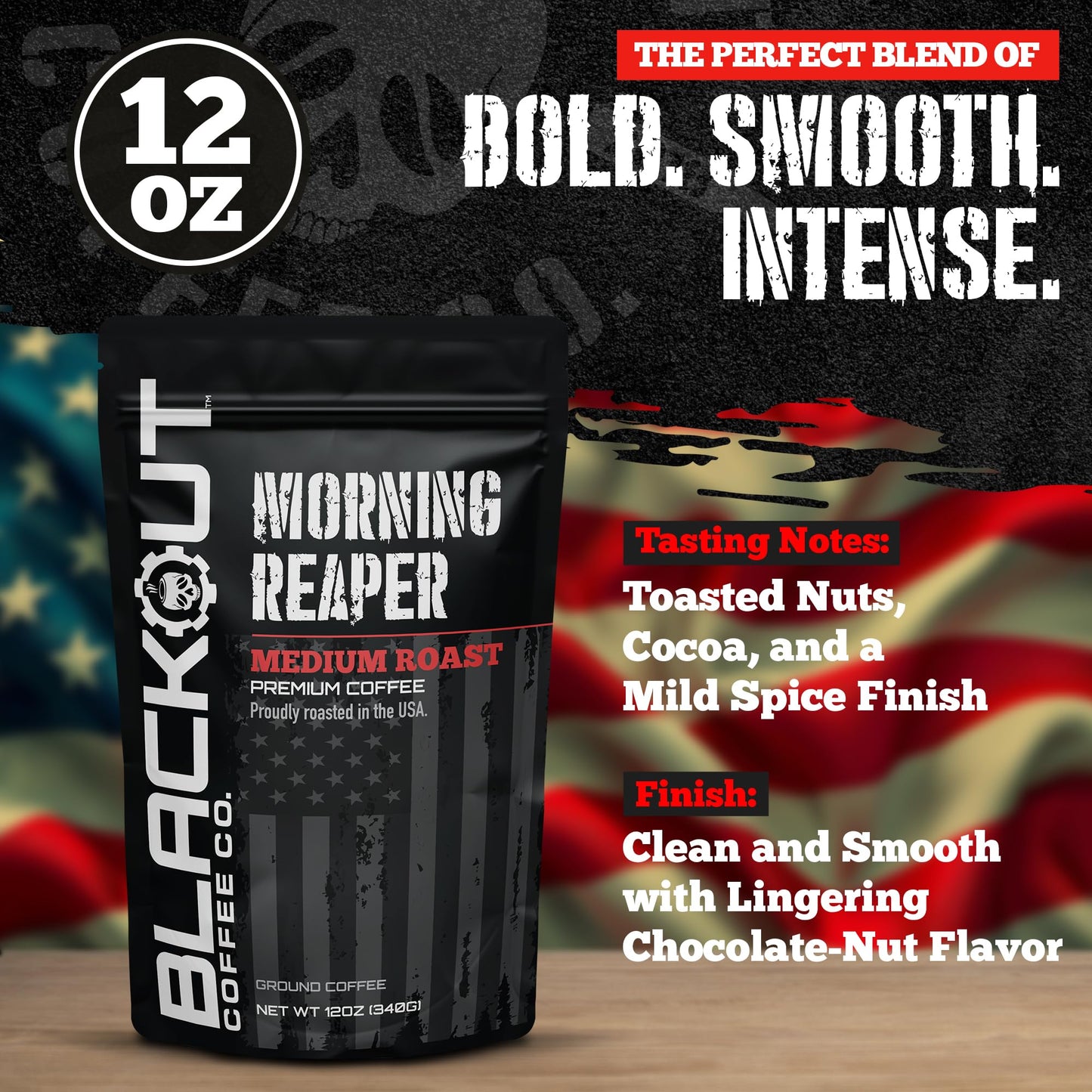 Blackout Coffee Morning Reaper Ground Coffee - Medium Roast, Bold & Strong Flavor - Freshly Roasted 12oz Bag.