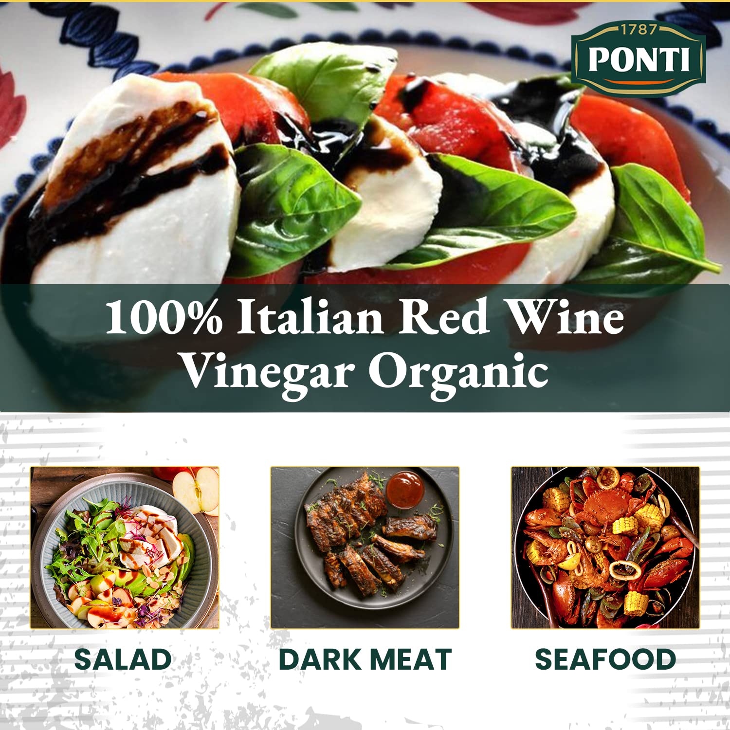 Ponti 100% Italian Red Wine Vinegar for Cooking - Organic Red Wine Vinegar with Balanced Acidity & Harmonious Bouquets - Ideal for Salads, Seafood and Dark Meats - USDA Certified, 16.9 fl oz