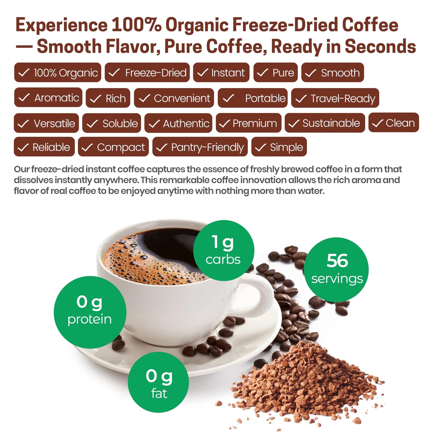 Z Natural Foods Freeze-Dried Organic Instant Coffee - Made from Medium Roast 100% Arabica Beans - Rich in Antioxidants - Boosts Mood, Energy, Memory