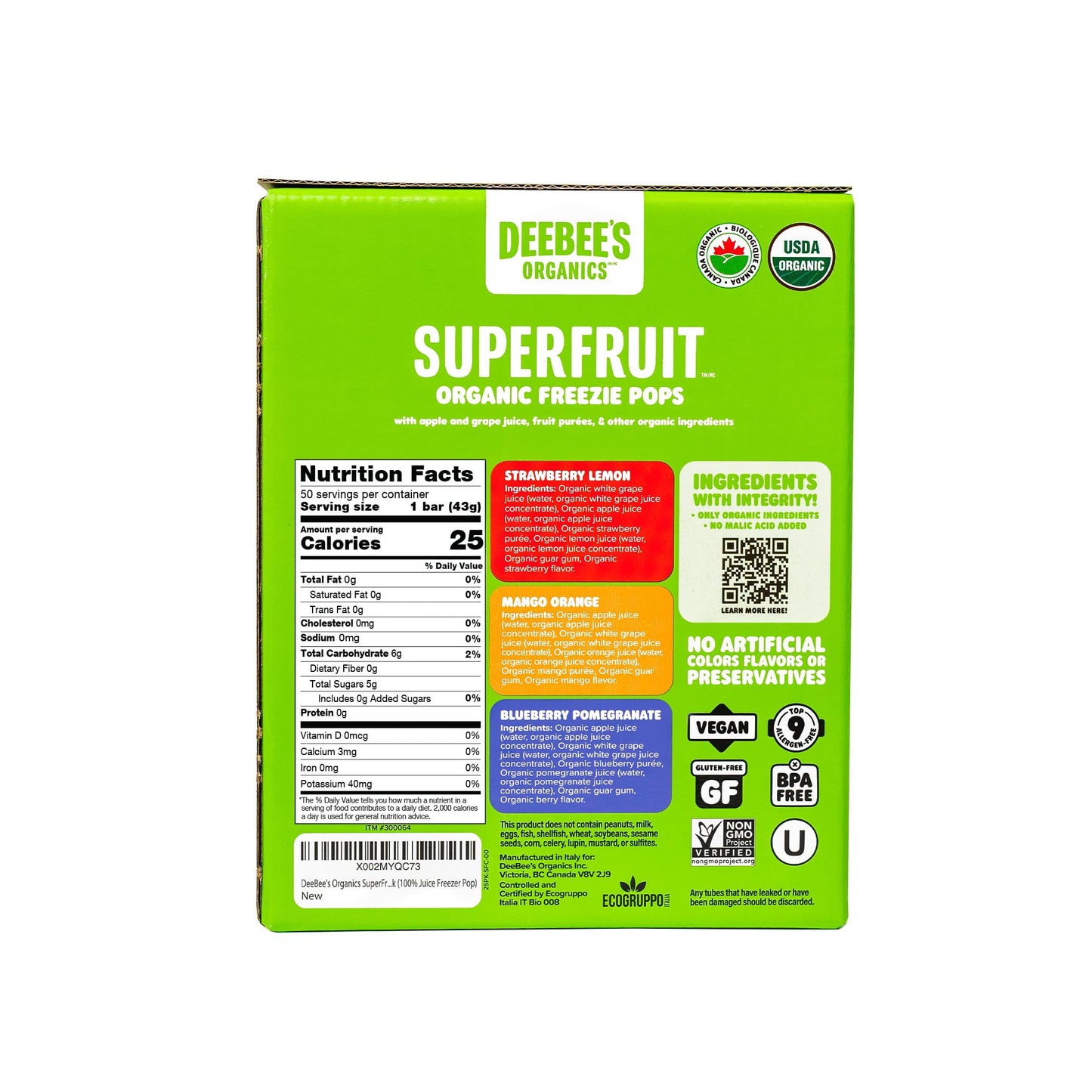 DeeBee's Organics Classic SuperFruit Freezie Pops, No Added Sugars, No Artificial Flavors or Colors (Pack of 50)