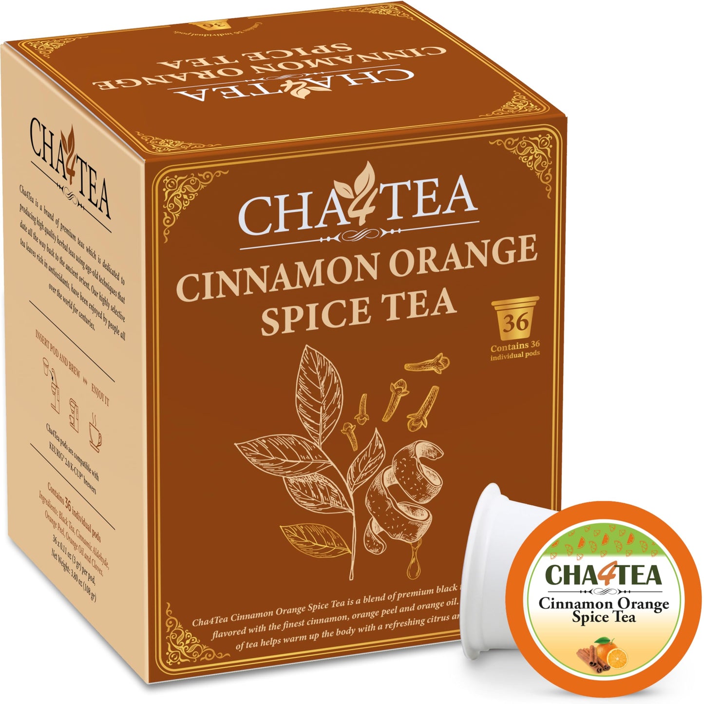 Cha4Tea 36-Count Cinnamon Orange Spice Herbal Black Tea Pods Compatible with Keurig K-Cup Brewers