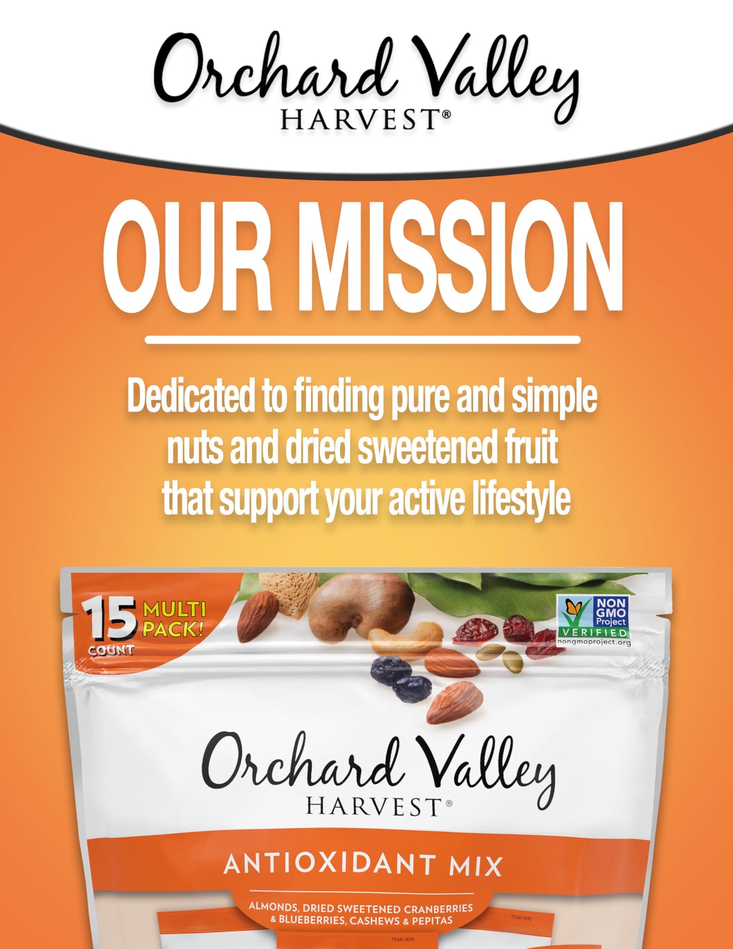 Orchard Valley Harvest Antioxidant Mix, 1 Ounce Bags (Pack of 15), Almonds, Cranberries, Blueberries, Cashews, and Pepitas, Non-GMO, No Artificial