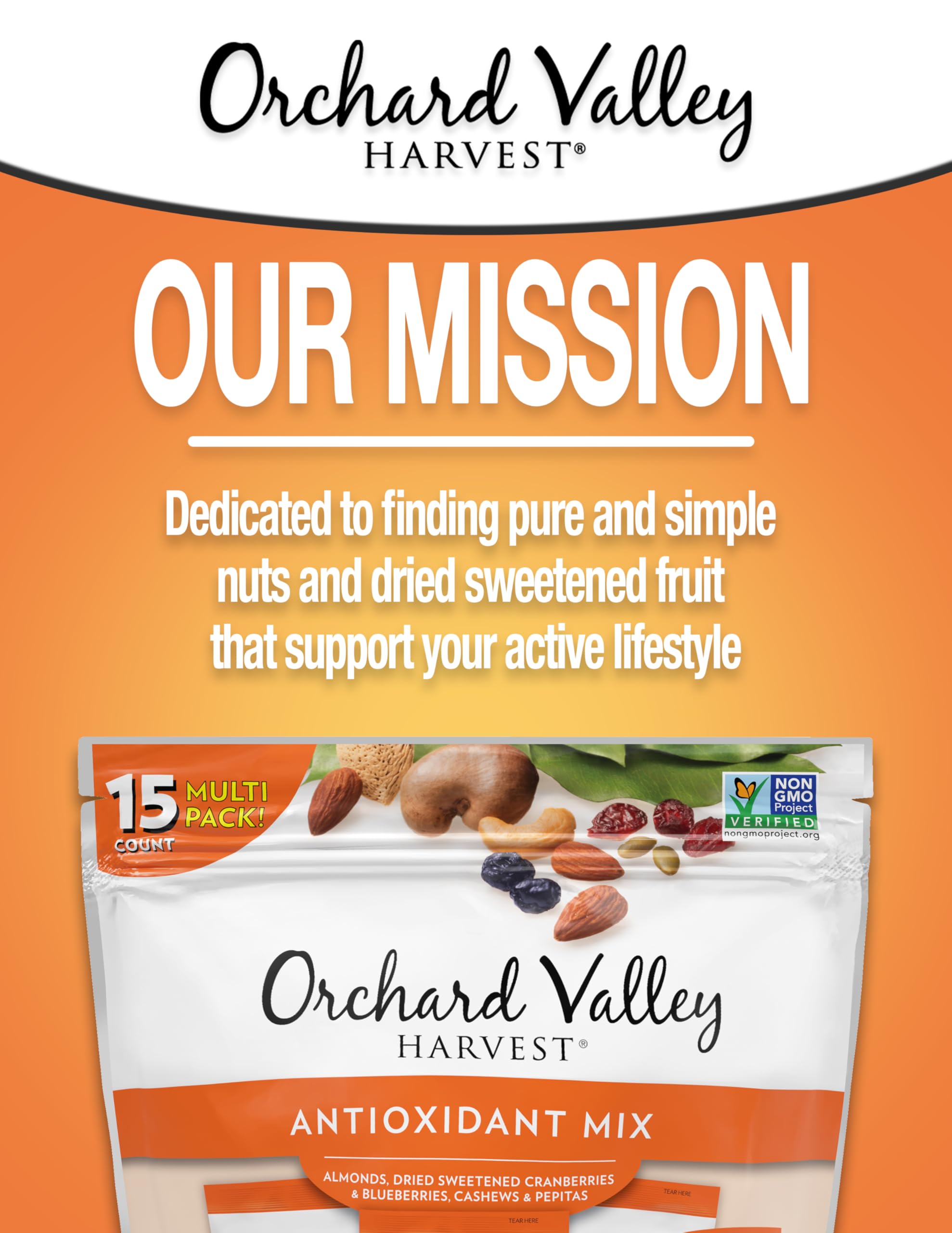Orchard Valley Harvest Antioxidant Mix, 1 Ounce Bags (Pack of 15), Almonds, Cranberries, Blueberries, Cashews, and Pepitas, Non-GMO, No Artificial