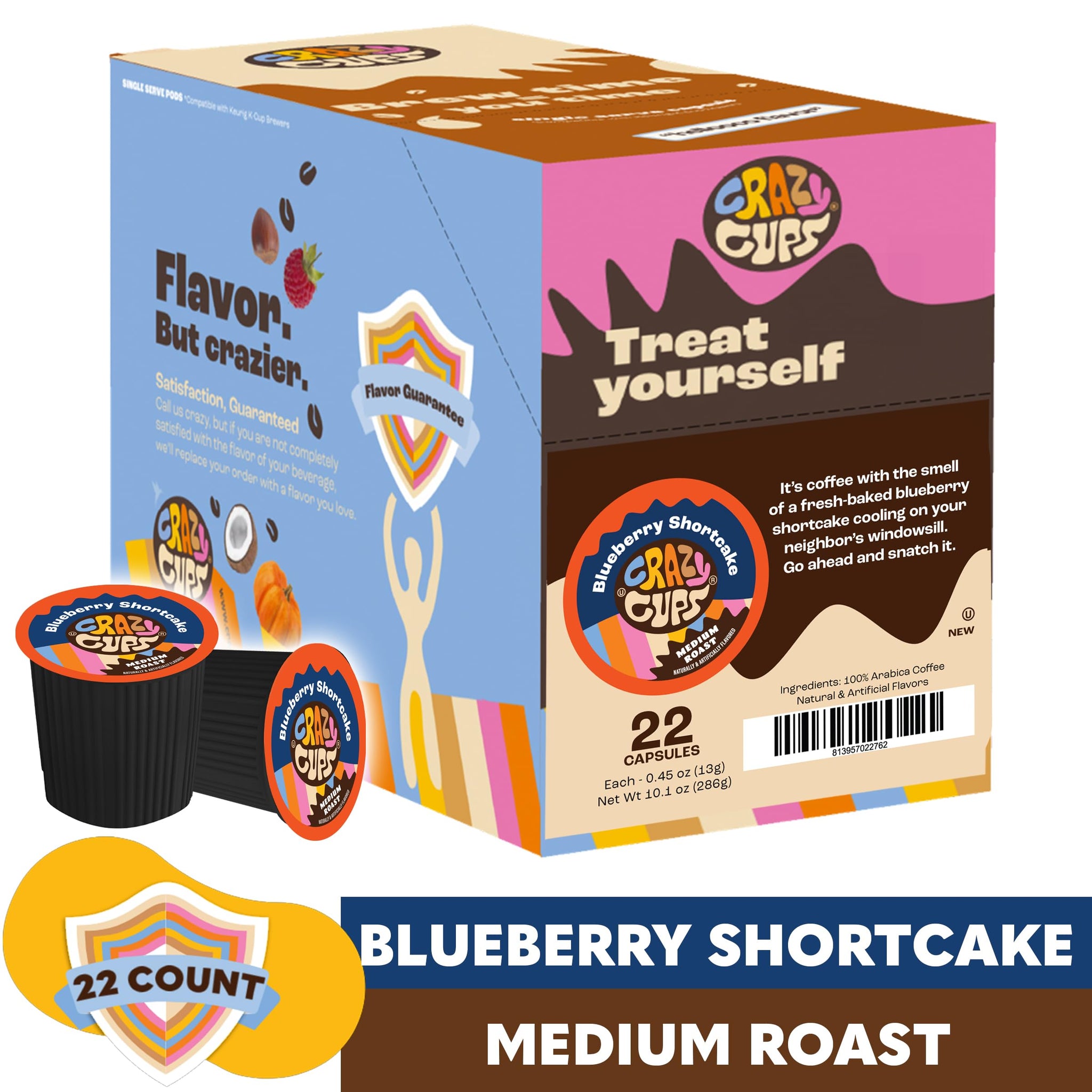Crazy Cups Blueberry Coffee Pods, Single Serve Blueberry Shortcake Hot or Iced Coffee Cups For Keurig K Cups Machines,(Pack of 1, 22 Count Total)