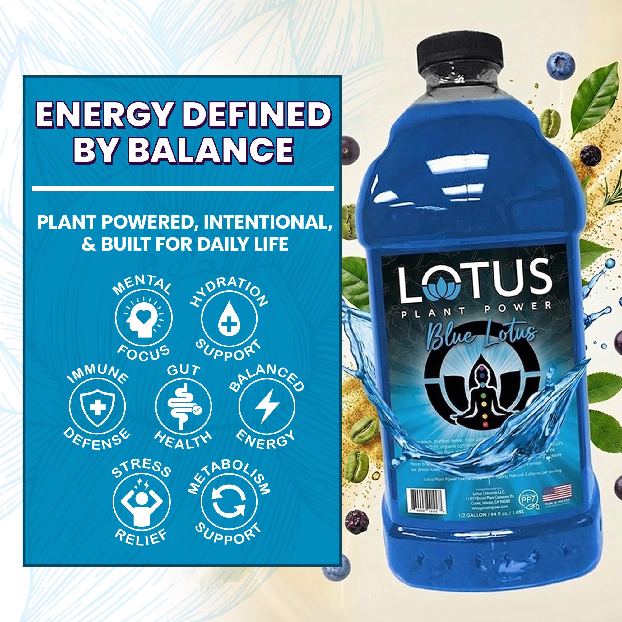 Blue Lotus Plant Power® Energy Drink Concentrate | Natural Caffeine & PP7™ Formula | Plant-Based Organic Ingredients | Organic Cane Sugar Beverage |