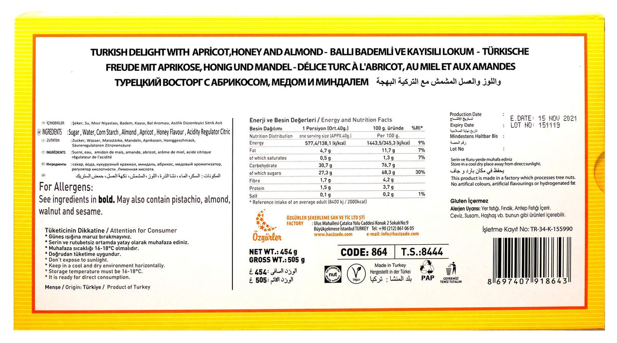 Hacizade Turkish Delight With Apricot, Honey, and Almond, 454g, 1 pound (16 ounce)