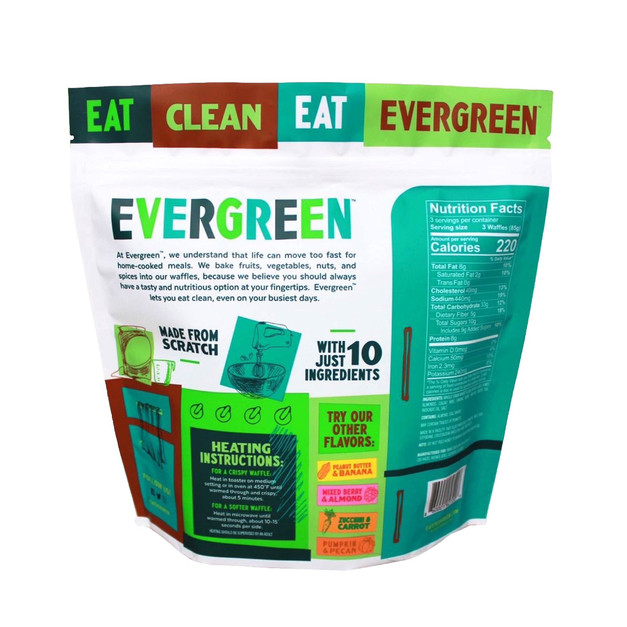 Evergreen Chocolate Chip and Matcha Waffles, Dairy-Free, Whole Grain, No Artificial Flavors, No Preservatives, 9 Waffles per Pack