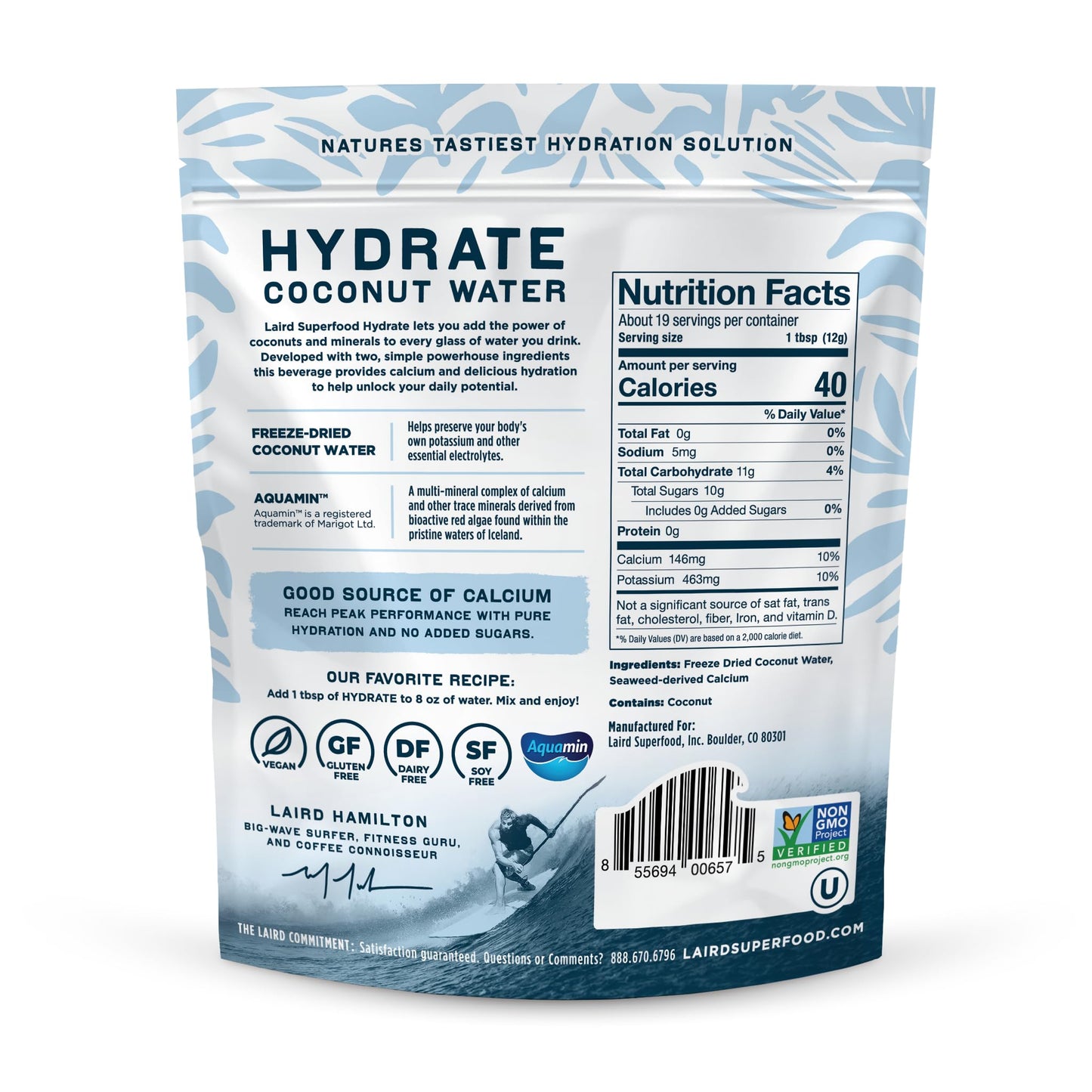Laird Superfood HYDRATE Coconut Water Powder Drink Supplement with Coconut Water and Auqamin, All Natural, No Added Sugars, Gluten-Free, Non-GMO