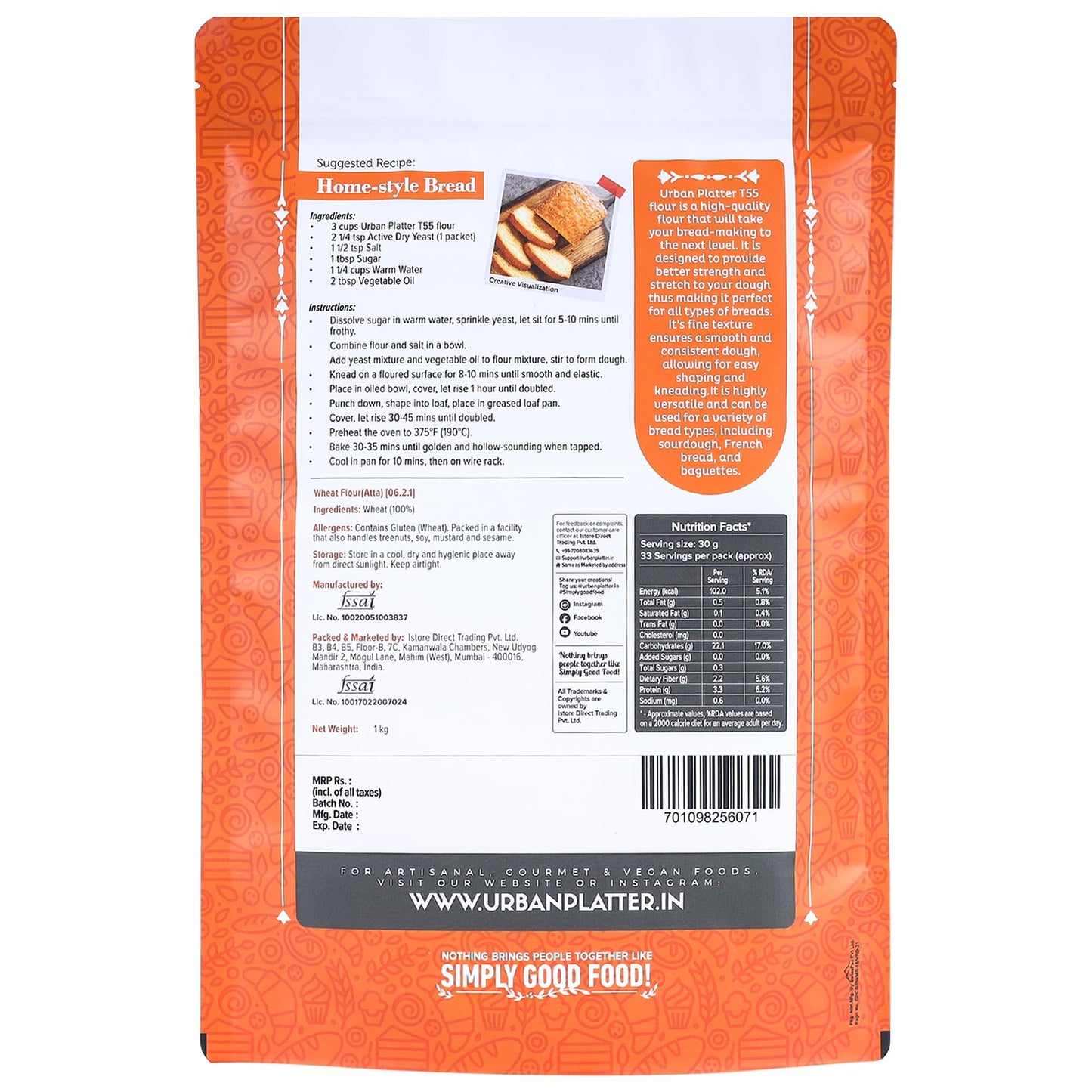 French T55 Fine Wheat Bread Flour , 1 KG (35.27 OZ) [Farine Francaise De Ble Premium Quality Choice of Artisan Bread Baker]