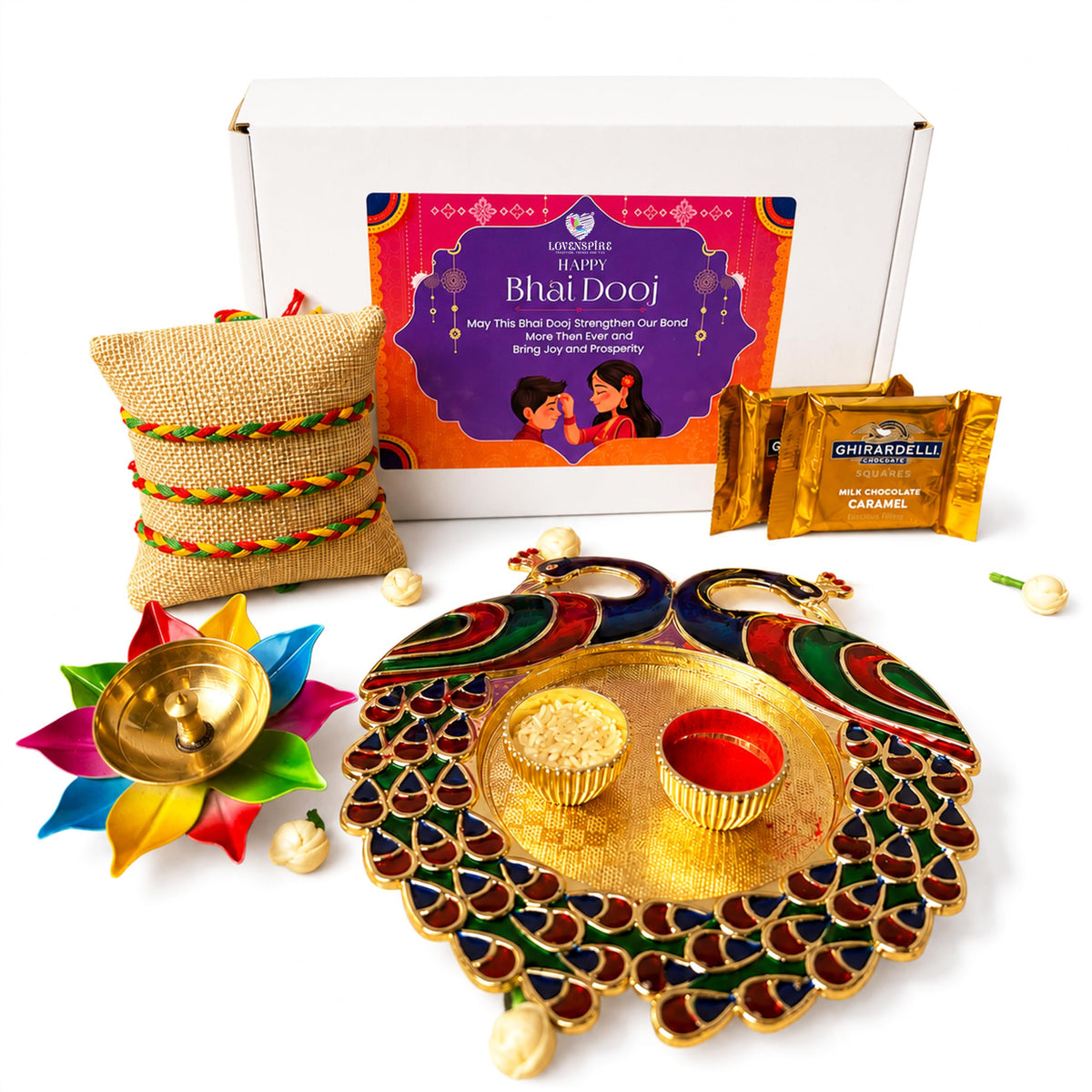 LoveNspire Bhai Dooj Gift Hamper for Brother Premium Gift Box with Haldi Kumkum Holder Roli Chawal Rakhi Lotus Brass Diya Chocolates Bhaidooj Gifts