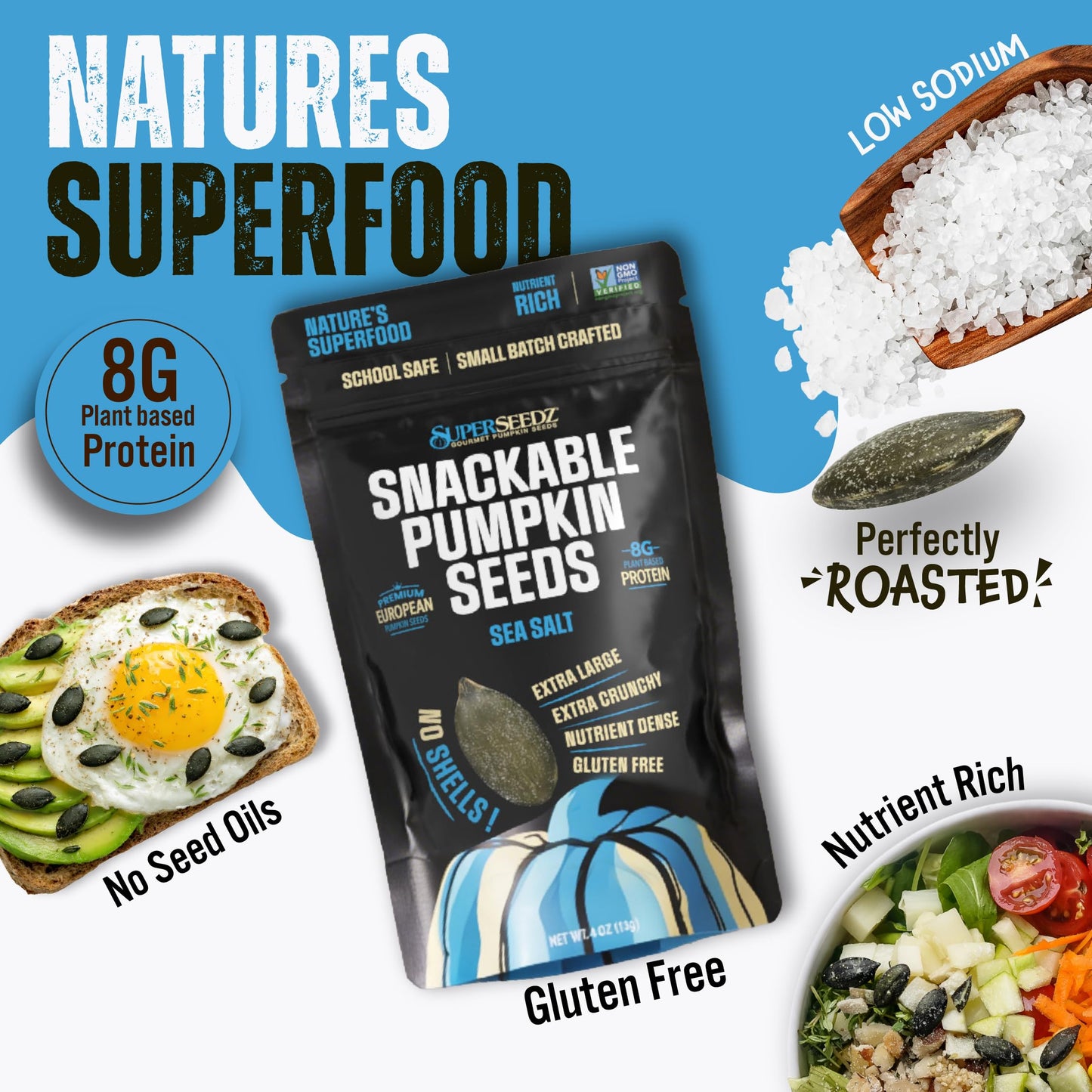 SuperSeedz Dry Roasted Pumpkin Seeds with Sea Salt - 8g Protein, Non-GMO Gluten-Free, Keto Snacks - Nut Free & School Friendly Organic Pumpkin Seeds