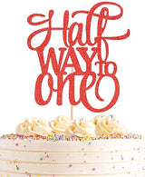 AHAORAY Half Way To One Cake Topper - Red Glitter 6 Months Birthday Decorations Supplies - Half Birthday Decorations Baby Girl, for Baby Shower/Gender