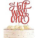AHAORAY Half Way To One Cake Topper - Red Glitter 6 Months Birthday Decorations Supplies - Half Birthday Decorations Baby Girl, for Baby Shower/Gender