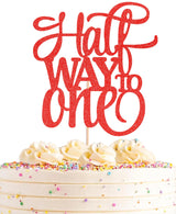 AHAORAY Half Way To One Cake Topper - Red Glitter 6 Months Birthday Decorations Supplies - Half Birthday Decorations Baby Girl, for Baby Shower/Gender