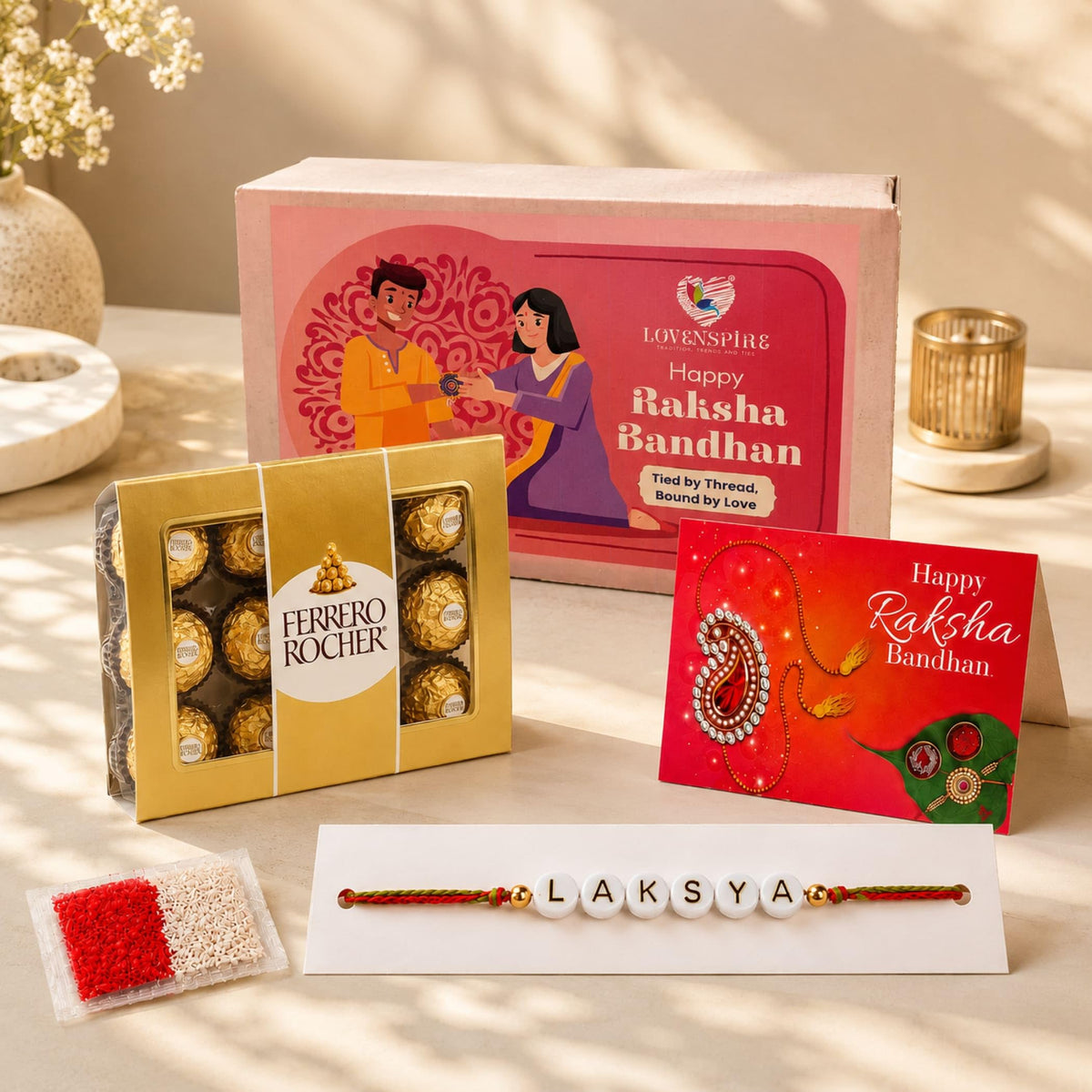 LoveNspire Personalized Name Bead Rakhi for Brother - Custom Bracelet Jewelry Gift with Greeting Card, Roli Chawal & Chocolates, Raksha Bandhan Gift