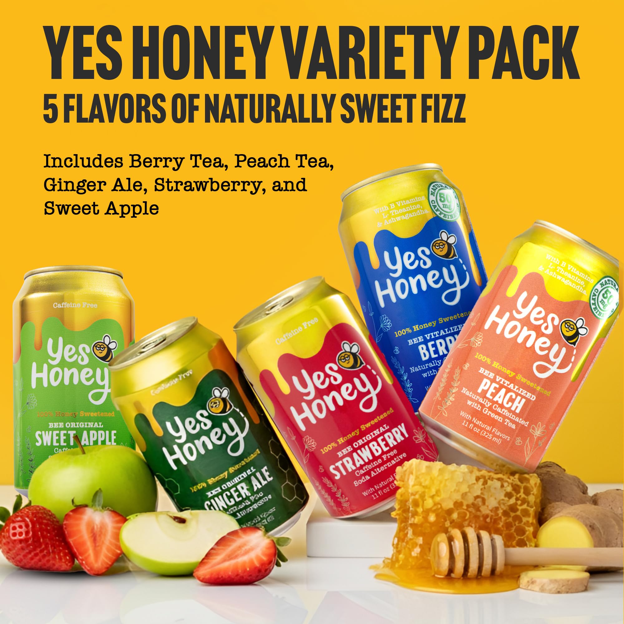 Yes Honey Sparkling Tea & Soda Variety Pack, 5 Flavors, 11oz Cans, 100% Honey-Sweetened, Functional Teas & Caffeine-Free Sodas, Alpha Gal Friendly