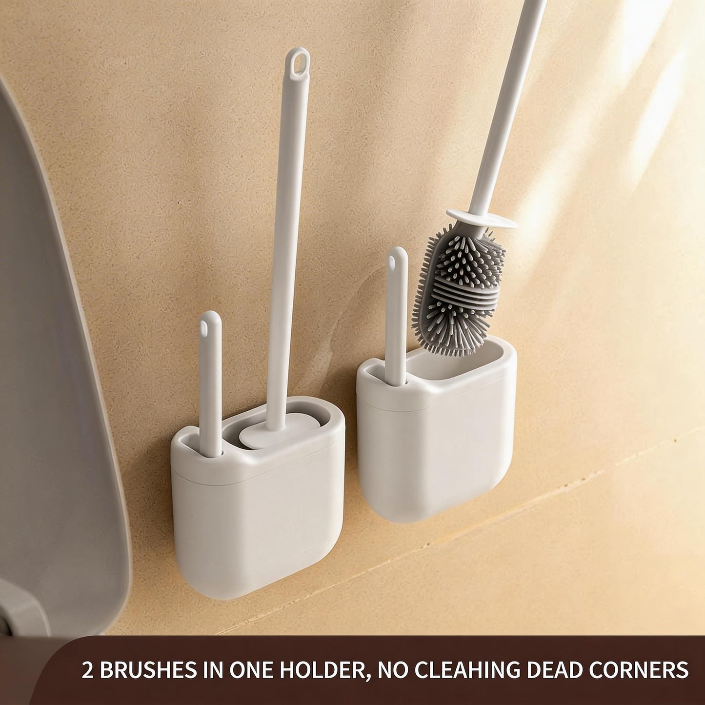 Wall-Mounted Toilet Brush Set with Crevice Tool - [TPR Flexible Head] for [Rim Jet & Crevice Cleaning] - [Draining Holder] for Bathroom, 0.55 lbs, 1.1