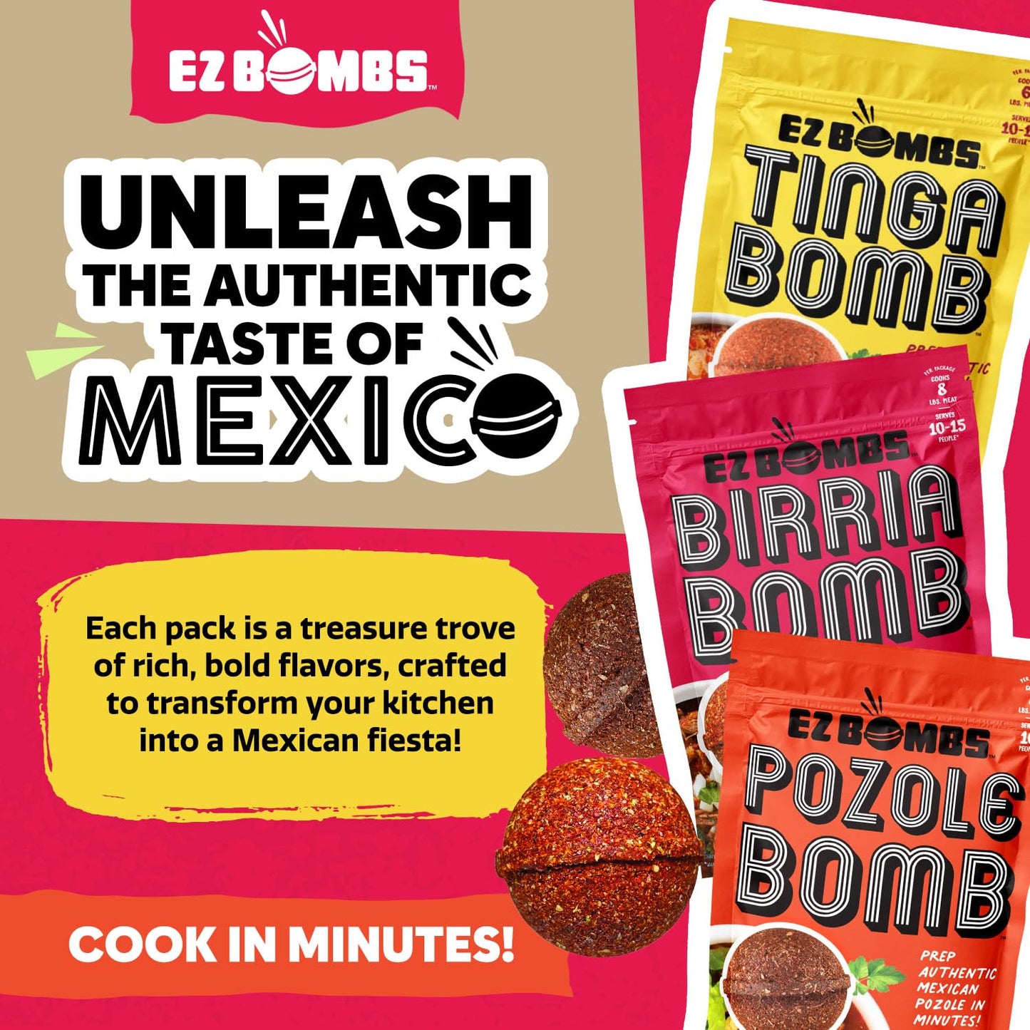 EZ Bombs Variety Pack - Pozole, Tinga & Birria Bomb Seasonings - Authentic Mexican Spice Mix for Tacos, Tortas, Nachos & Pozole Soup - Made with Real