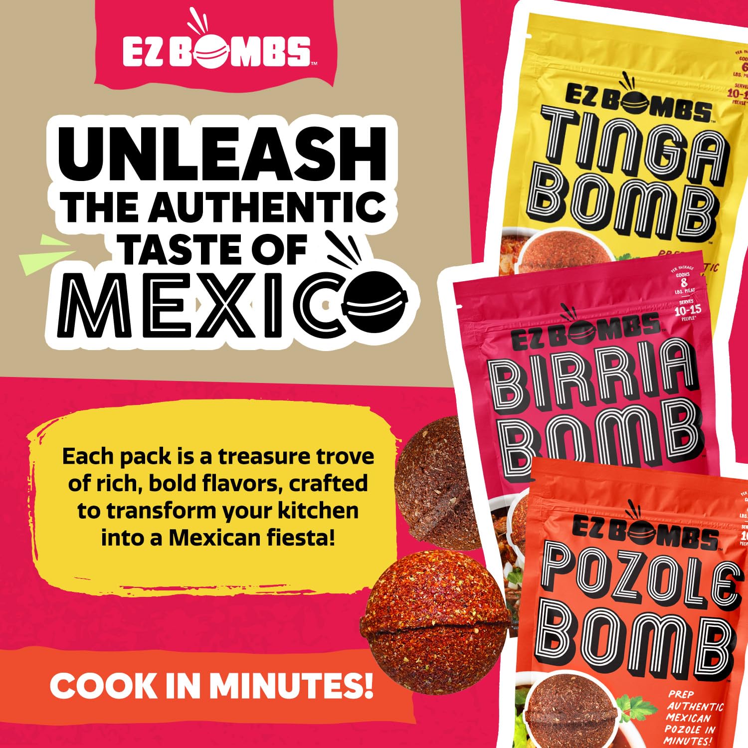 EZ Bombs Variety Pack - Pozole, Tinga & Birria Bomb Seasonings - Authentic Mexican Spice Mix for Tacos, Tortas, Nachos & Pozole Soup - Made with Real