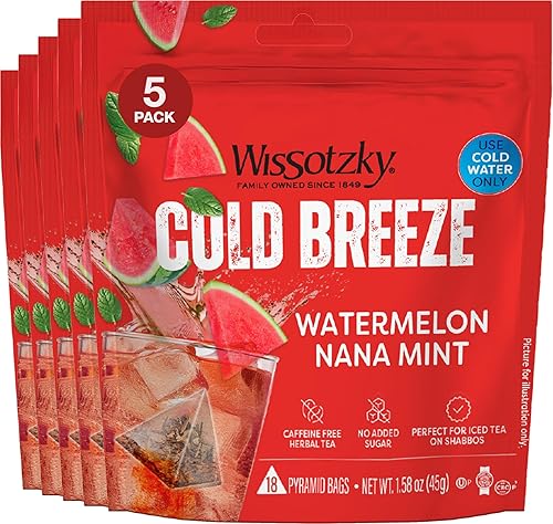 Wissotzky Watermelon Nana Mint Cold Breeze, Cold Brew Iced Tea (5 Pack - 90 Tea Bags) | Caffeine-Free | Herbal Tea | Kosher | Cold Water Brewing