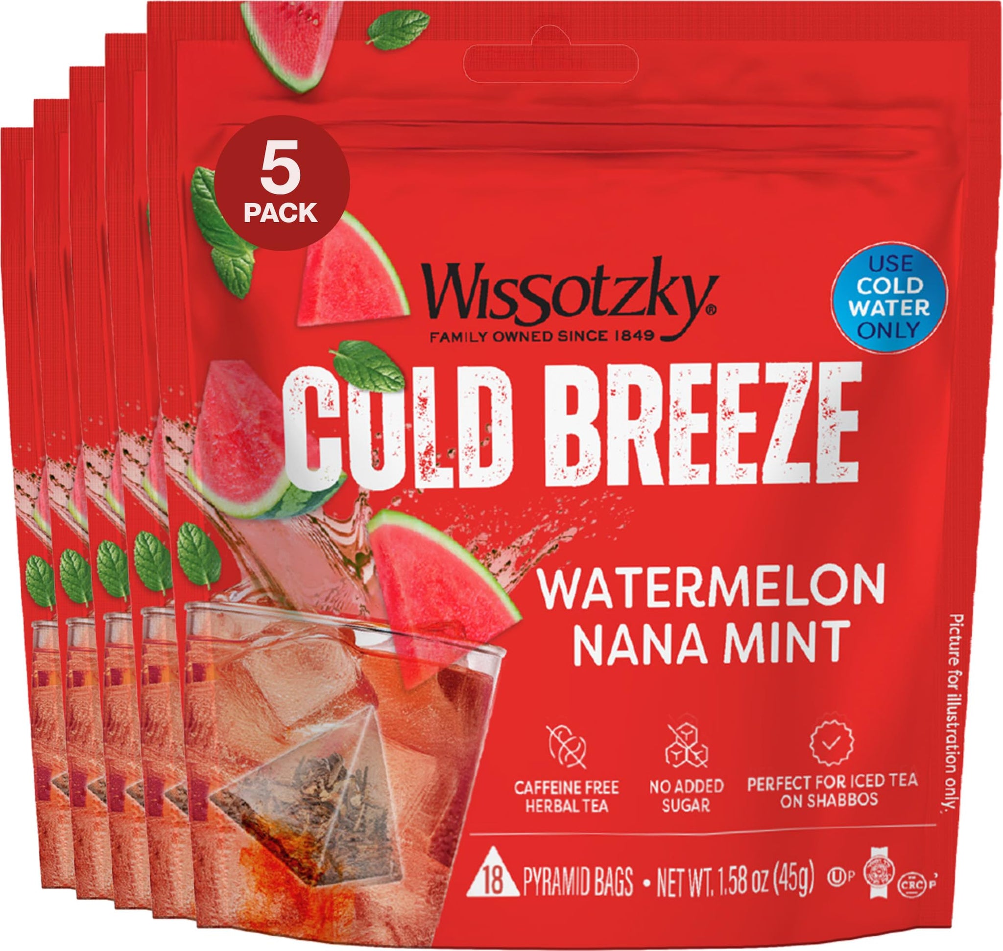 Wissotzky Watermelon Nana Mint Cold Breeze, Cold Brew Iced Tea (5 Pack - 90 Tea Bags) | Caffeine-Free | Herbal Tea | Kosher | Cold Water Brewing