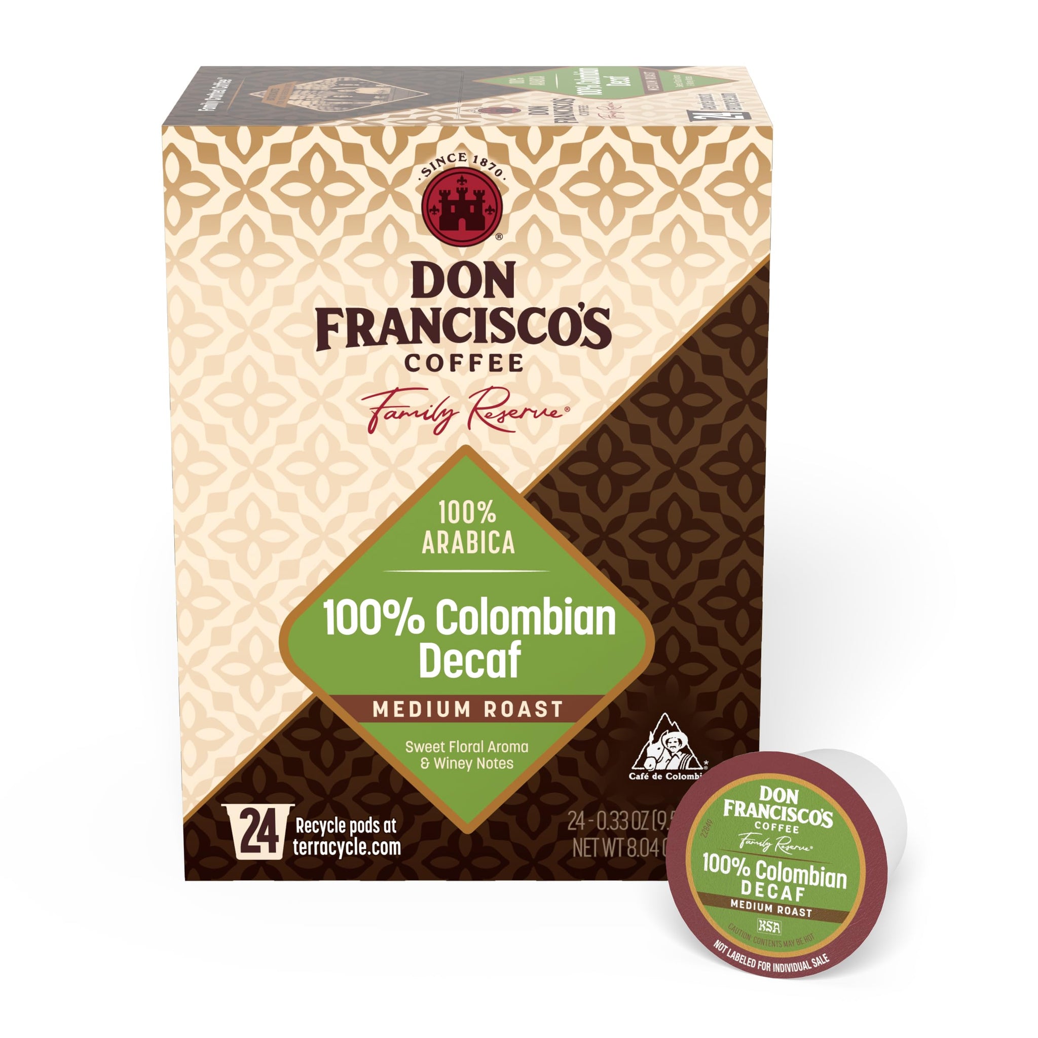 Don Francisco's 100% Colombian Decaf Coffee Pods, 24 Count, Medium Roast, Compatible with Keurig Brewers