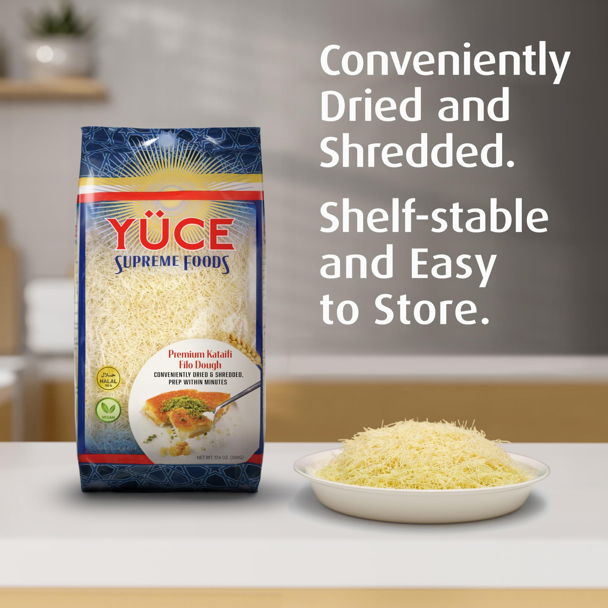 YÜCE Supreme Foods Kataifi Shredded Fillo Dough 500g (17.6 oz), Ingredient For the Viral Dubai Chocolate Bar Pistachio, Dried & Shredded Kataifi Filo