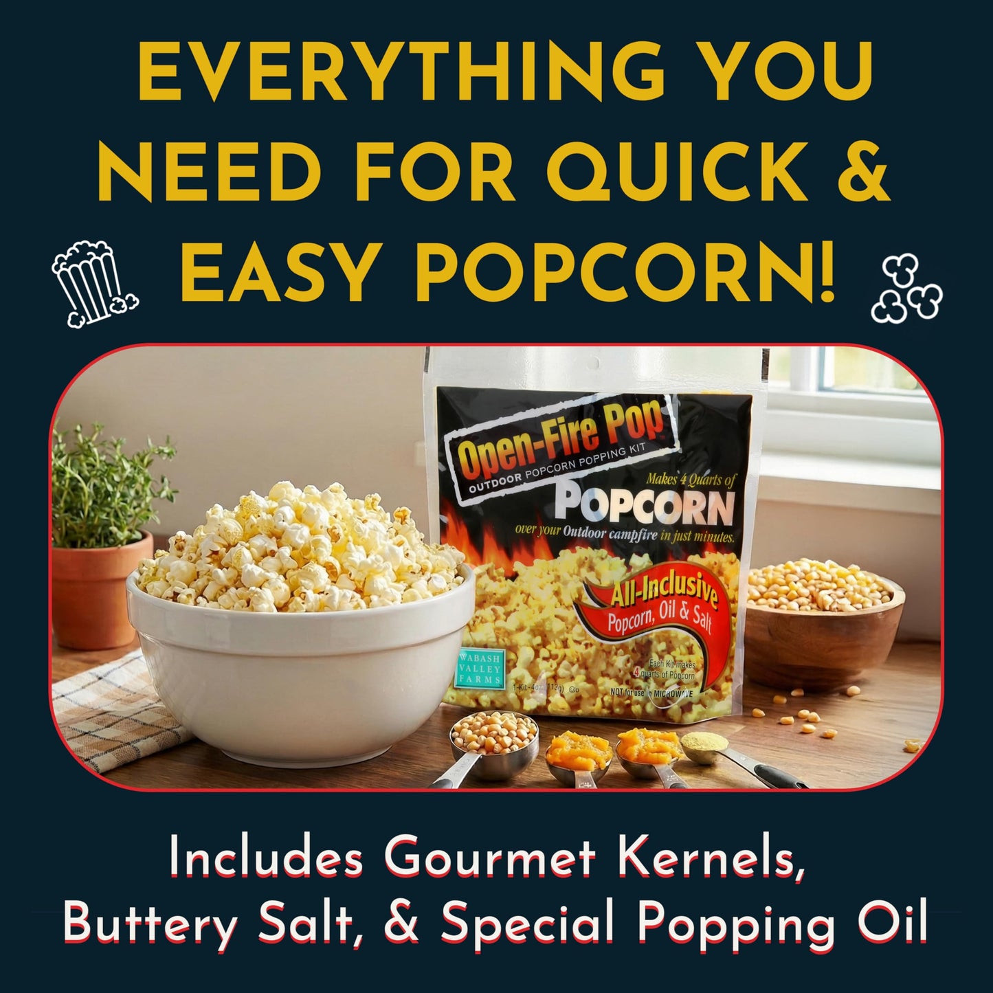 Wabash Valley Farms Open Fire Popcorn Popping Kits - All-You-Need Movie Night Kit - Includes Yellow Popcorn Kernels, Salt & Oil For Outdoor Popping