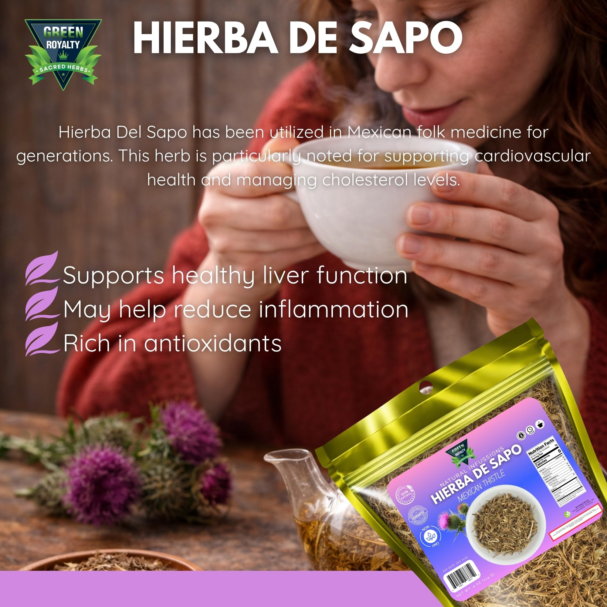 Green Royalty Hierba de Sapo (Mexican Thistle) - Natural Dried Herb for Herbal Tea & Infusions - 4 oz (114 g) Resealable bag