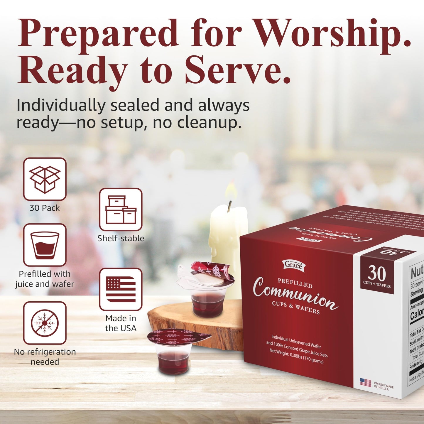 Prefilled Communion Cup and Wafer Set - Box of 30 Bread and Grape Juice for Holy Communion